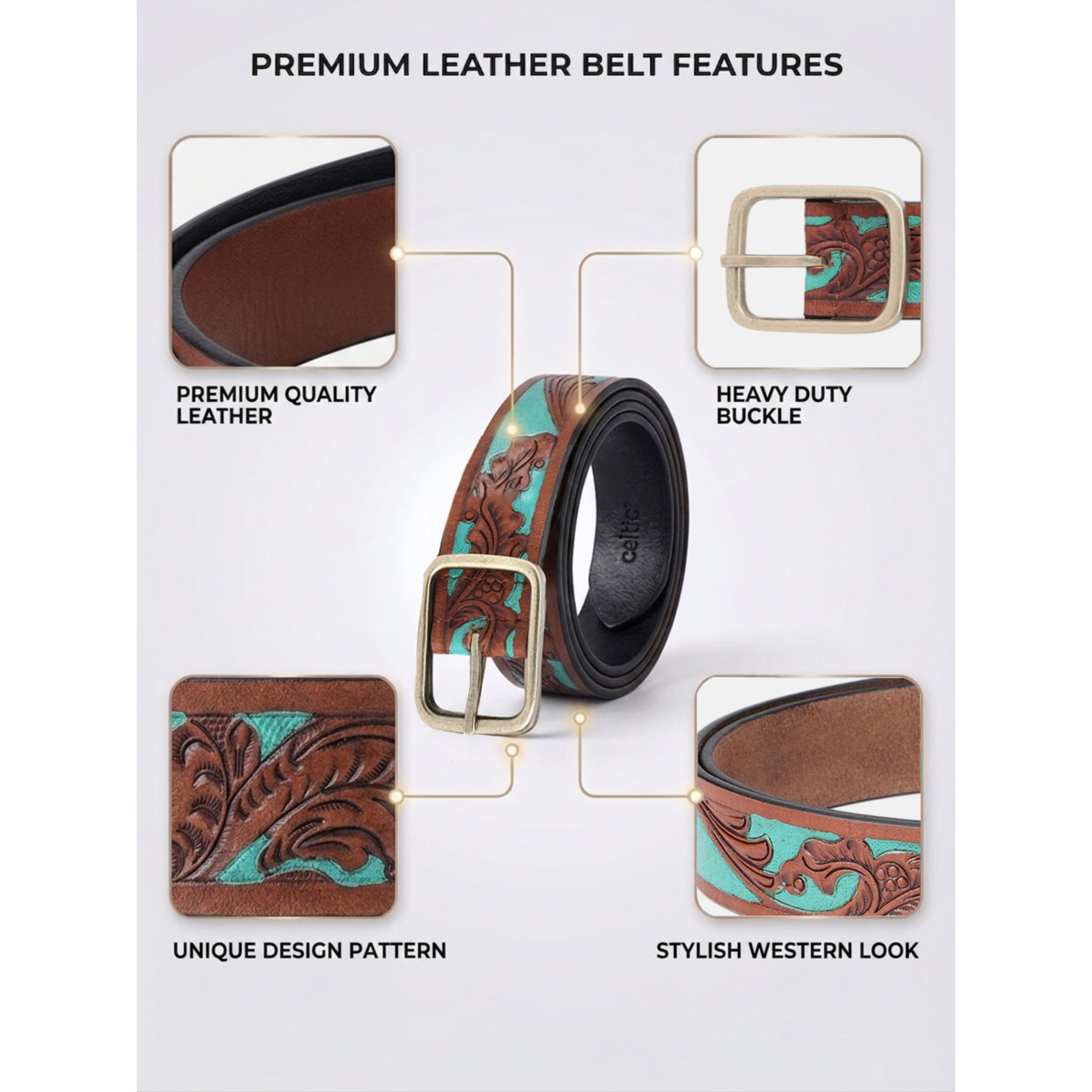Genuine Leather Embossed Floral Brown Teal Waist Accessory Antique Metal Buckle