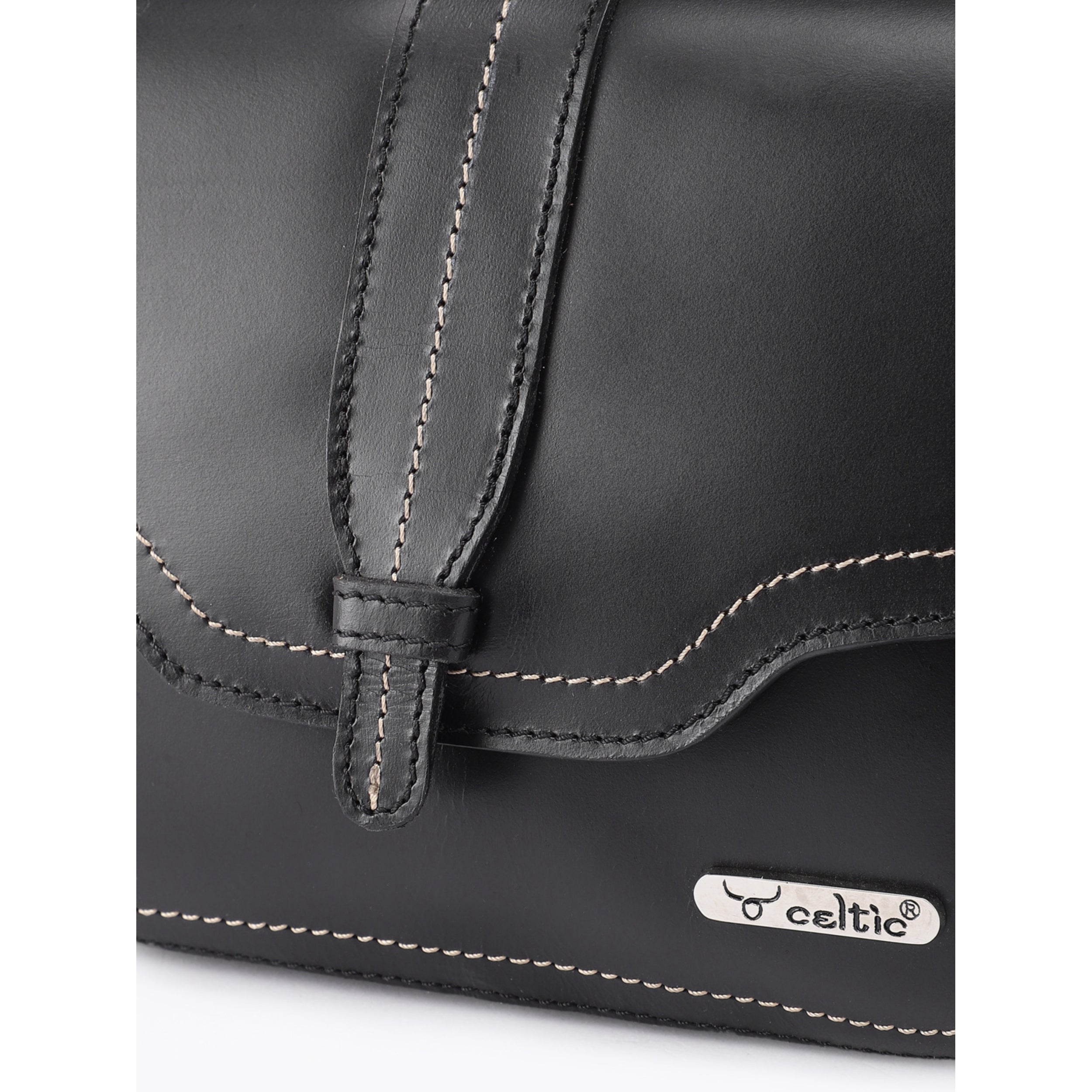 Premium Genuine Leather Crossbody Bag with Front Flap & White Stitch Detailing