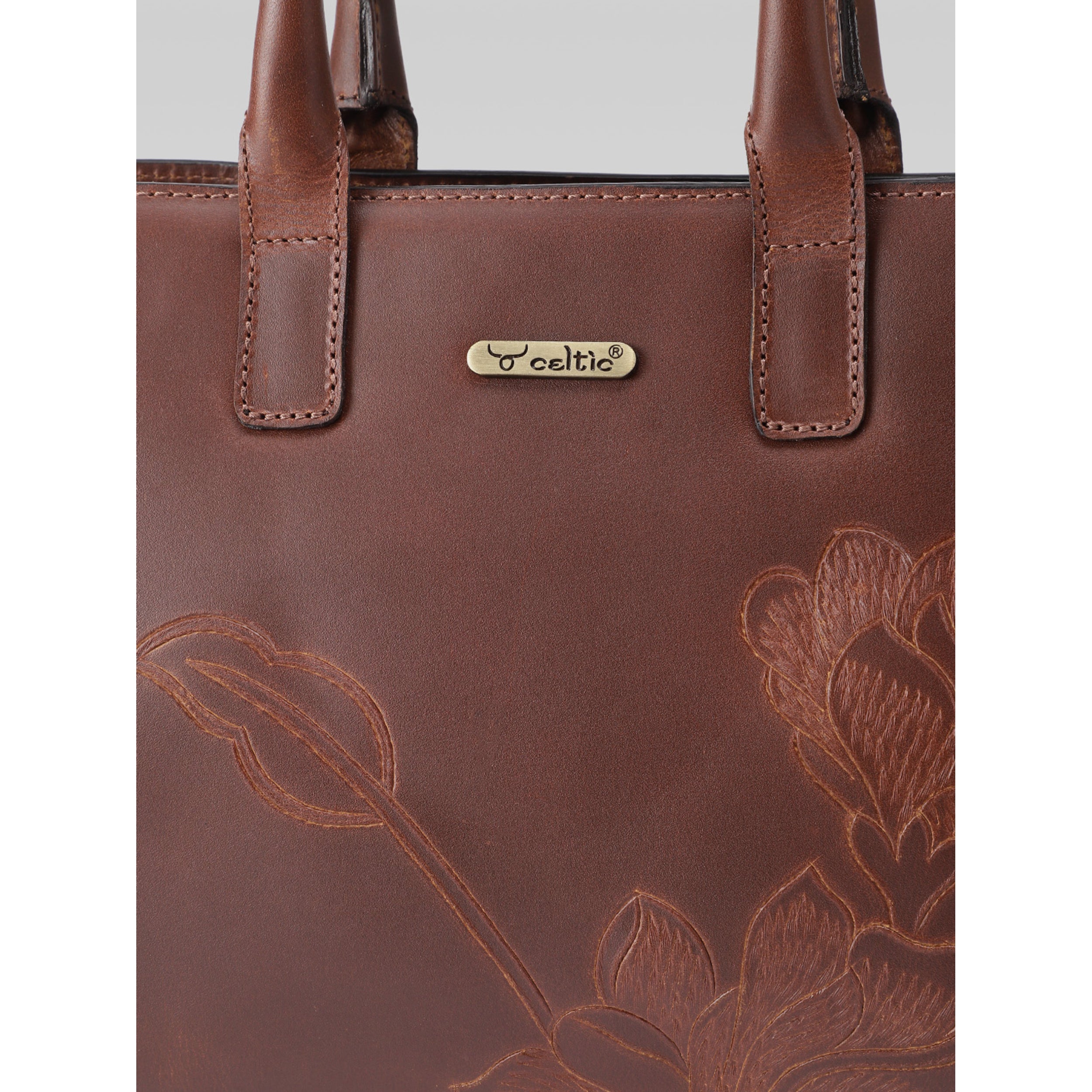 Premium Genuine Leather Tote with Floral Embossing, Top Handles, Zip Closure