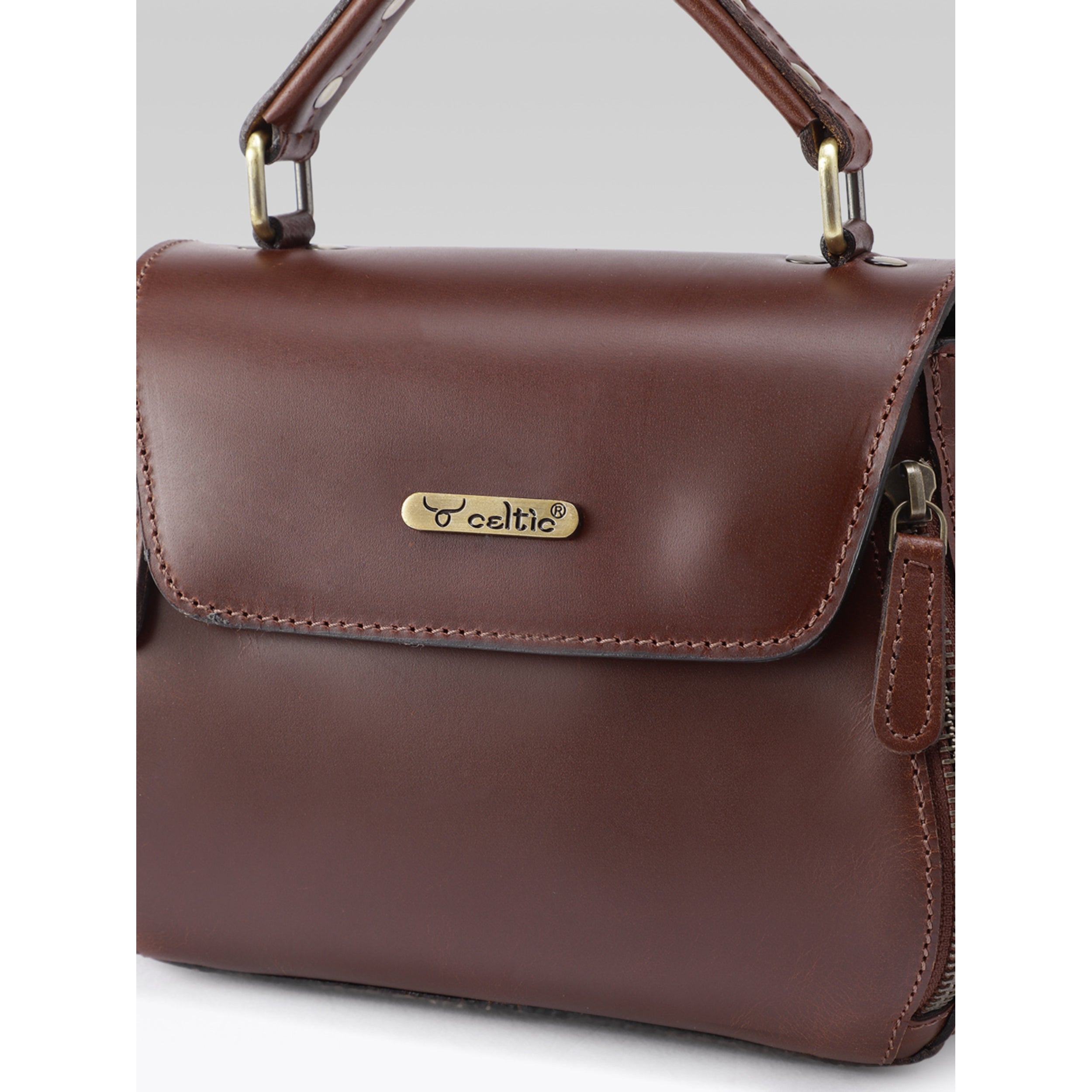 Premium Genuine Leather Top-Handle Handbag with Flap Closure & Zip Compartments