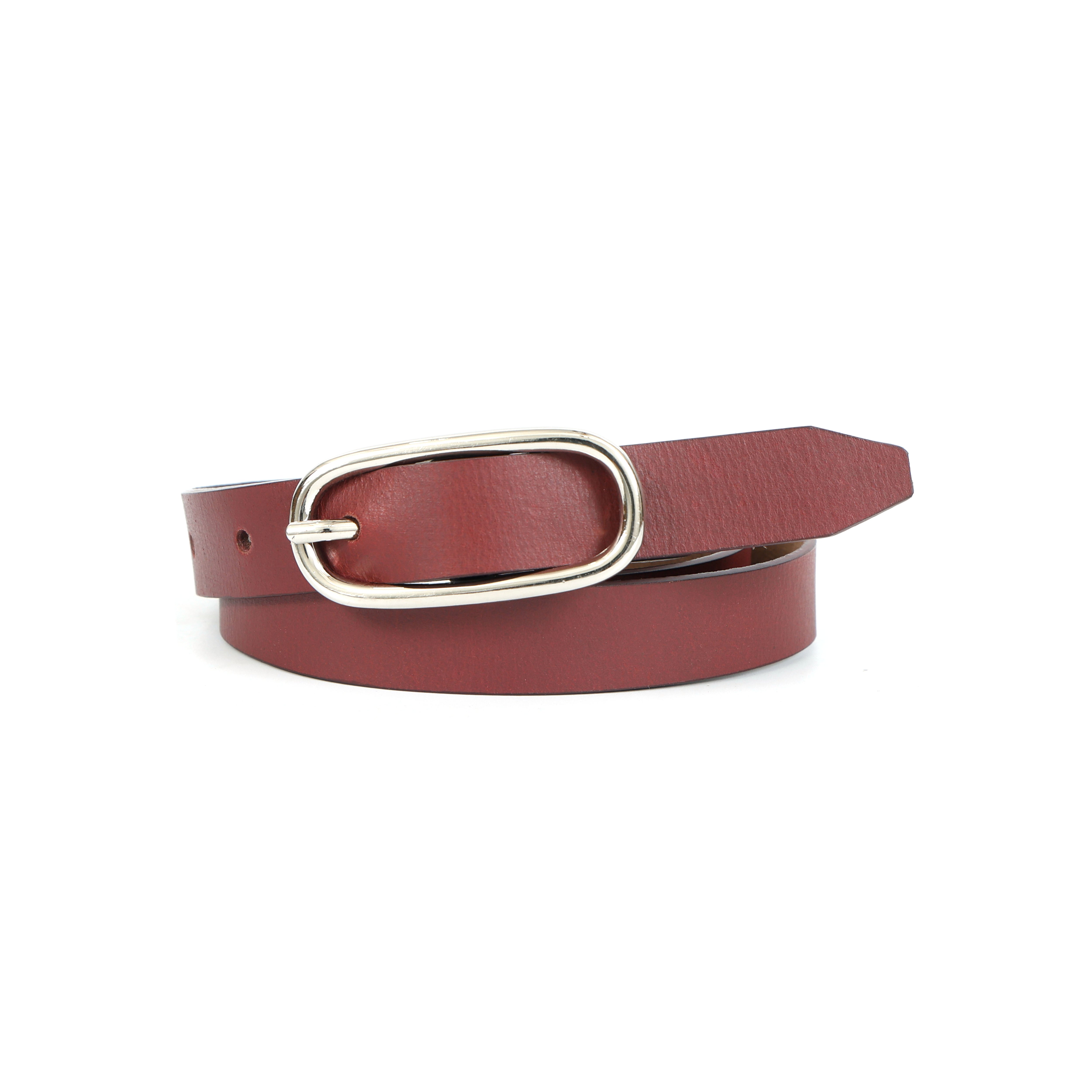Women’s Minimalist Burgundy Belt with Shiny Oval Buckle