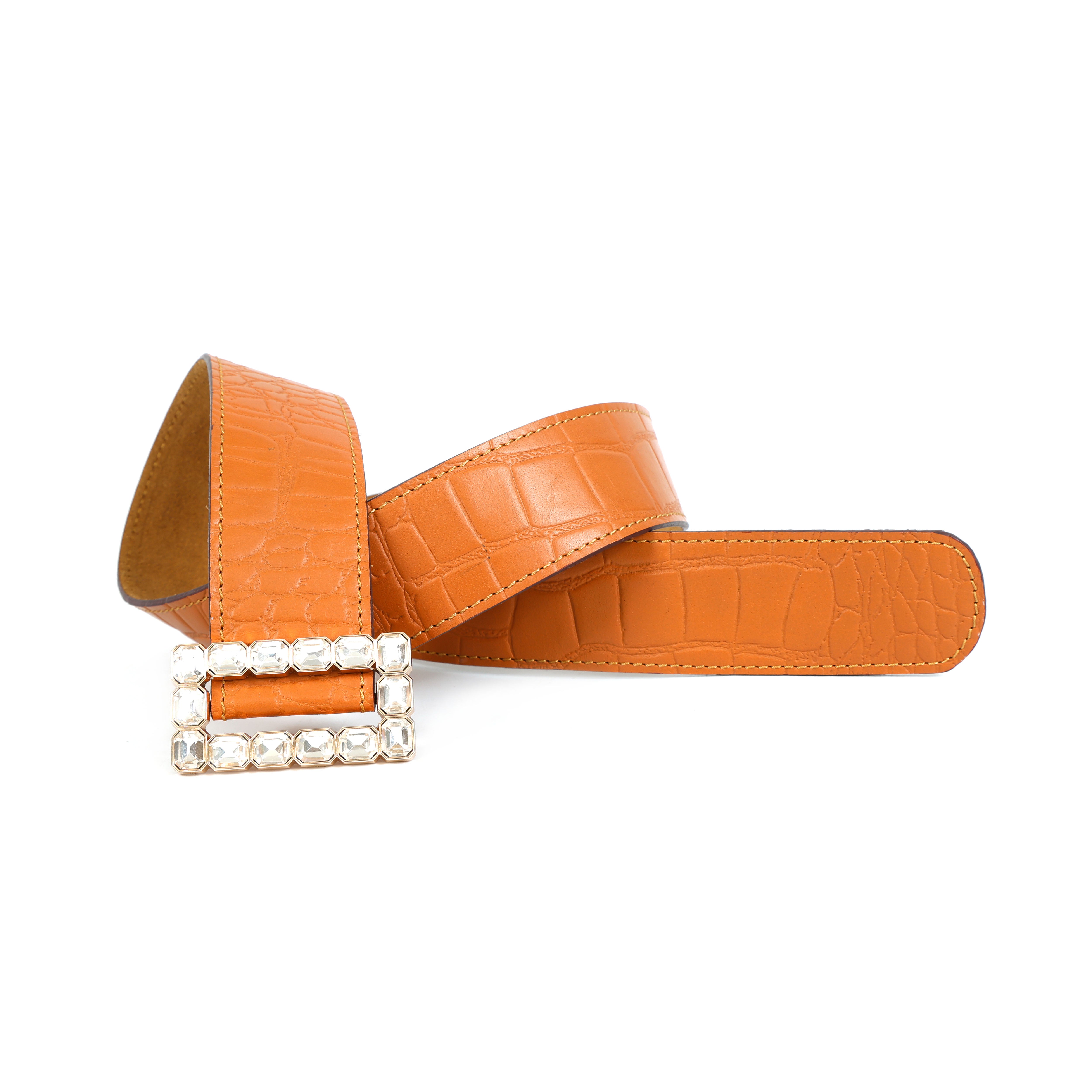 Orange Croc Texture Statement Belt With Crystal Buckle For Women Fashion Wear