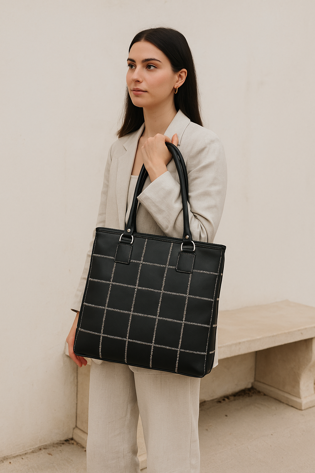 "Chic Contrast: Black Tote Bag with White Stitching for Timeless Style" Art: BG-1142-Z