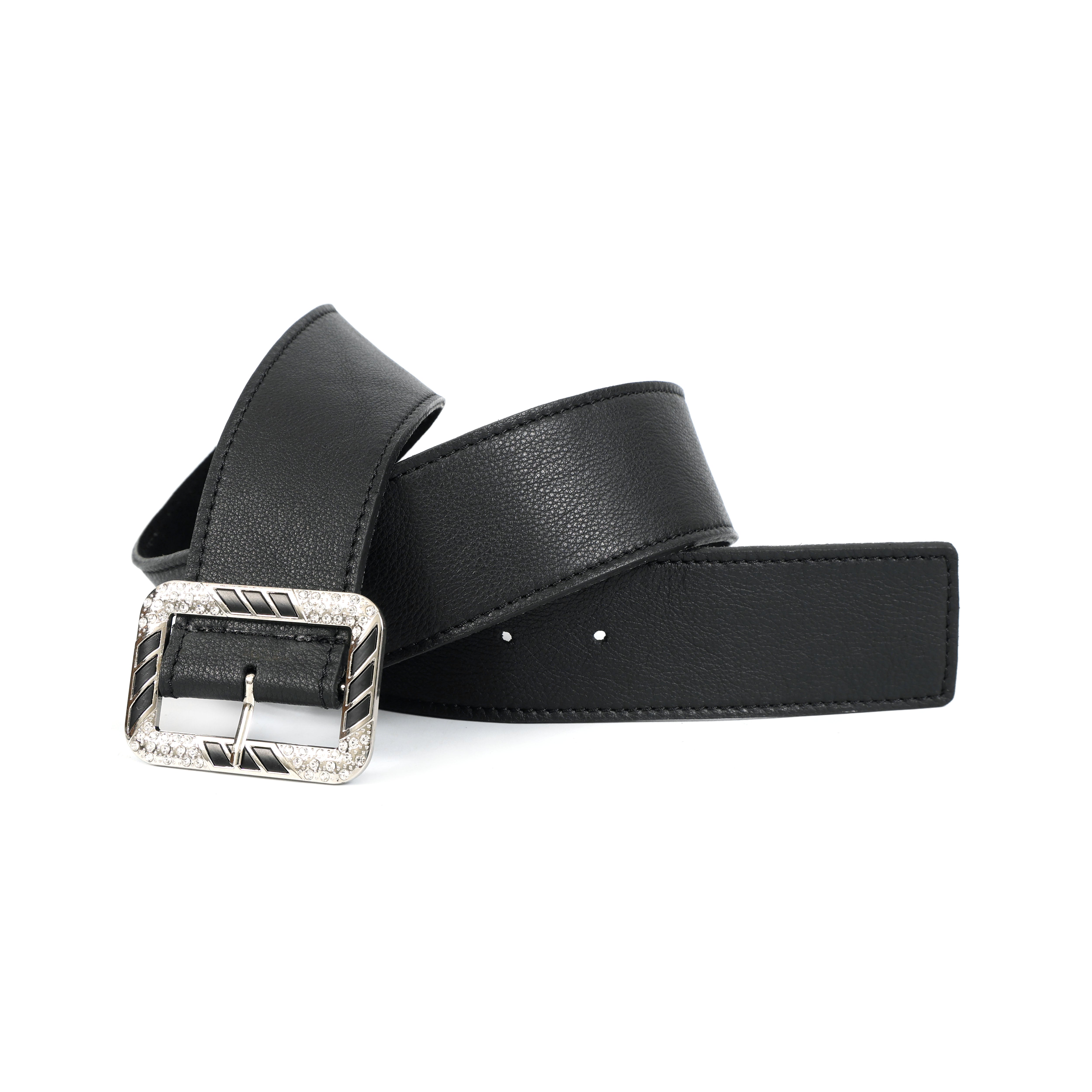 Premium Genuine Black Leather Unisex Belt with Designer Crystal Buckle