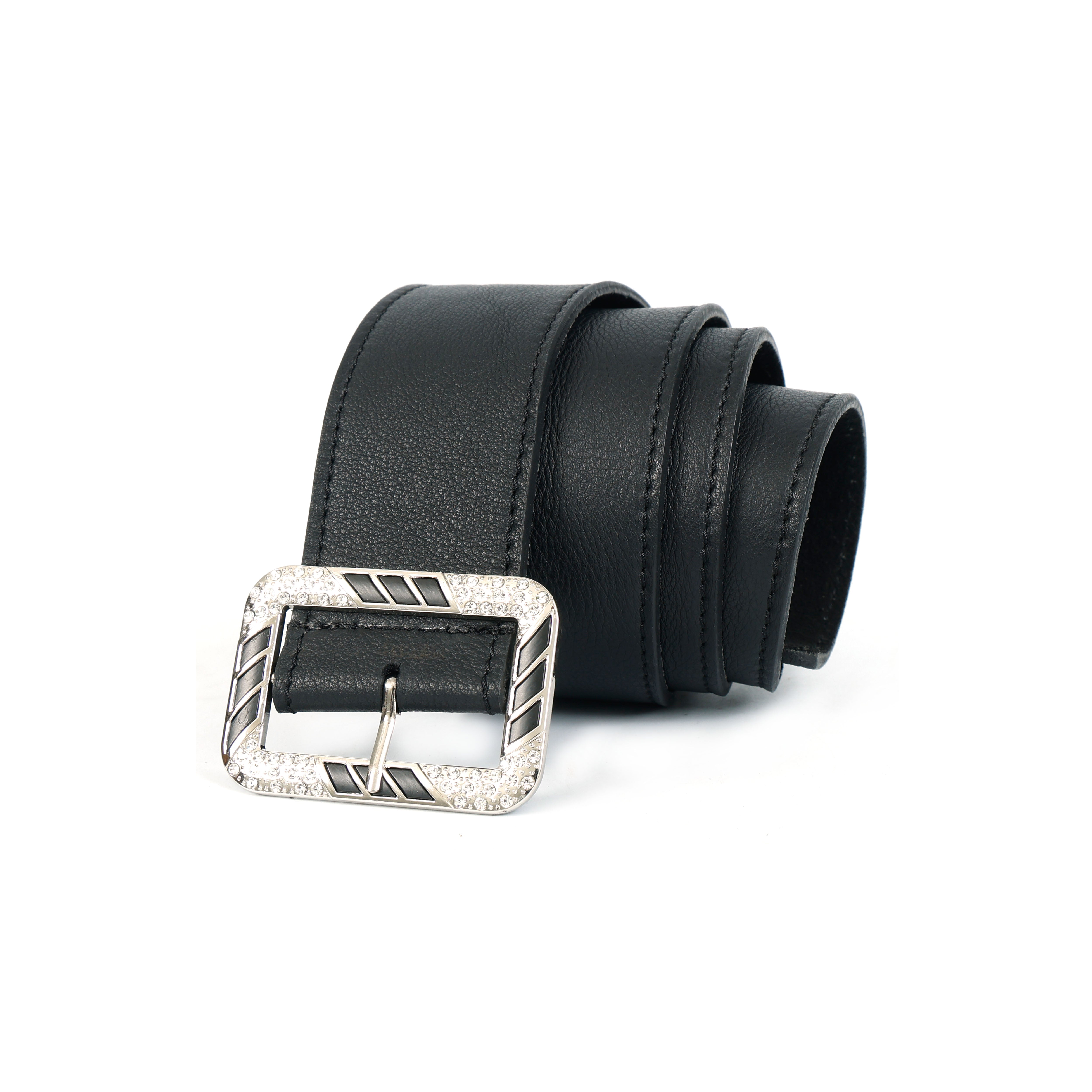 Premium Genuine Black Leather Unisex Belt with Designer Crystal Buckle
