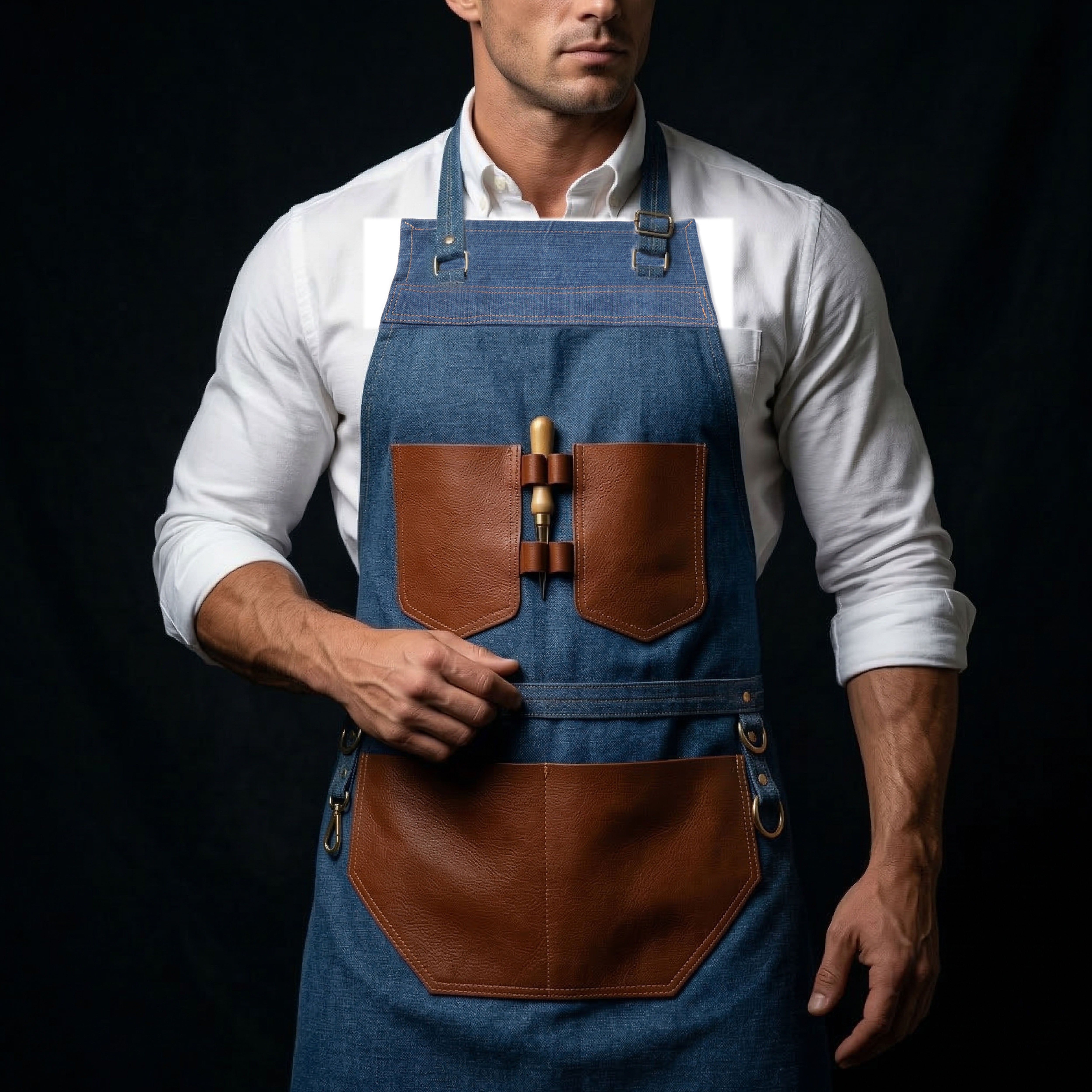 Premium Genuine Leather & Canvas Bib Apron – Tan & Blue with Removable Snap lock