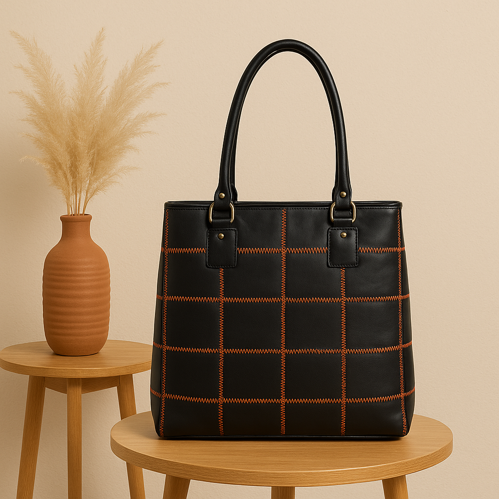 "Bold Fusion: Black Tote Bag with Orange Stitching - Elevate Your Style with Vibrant Contrast" Art: BG-1143-Z