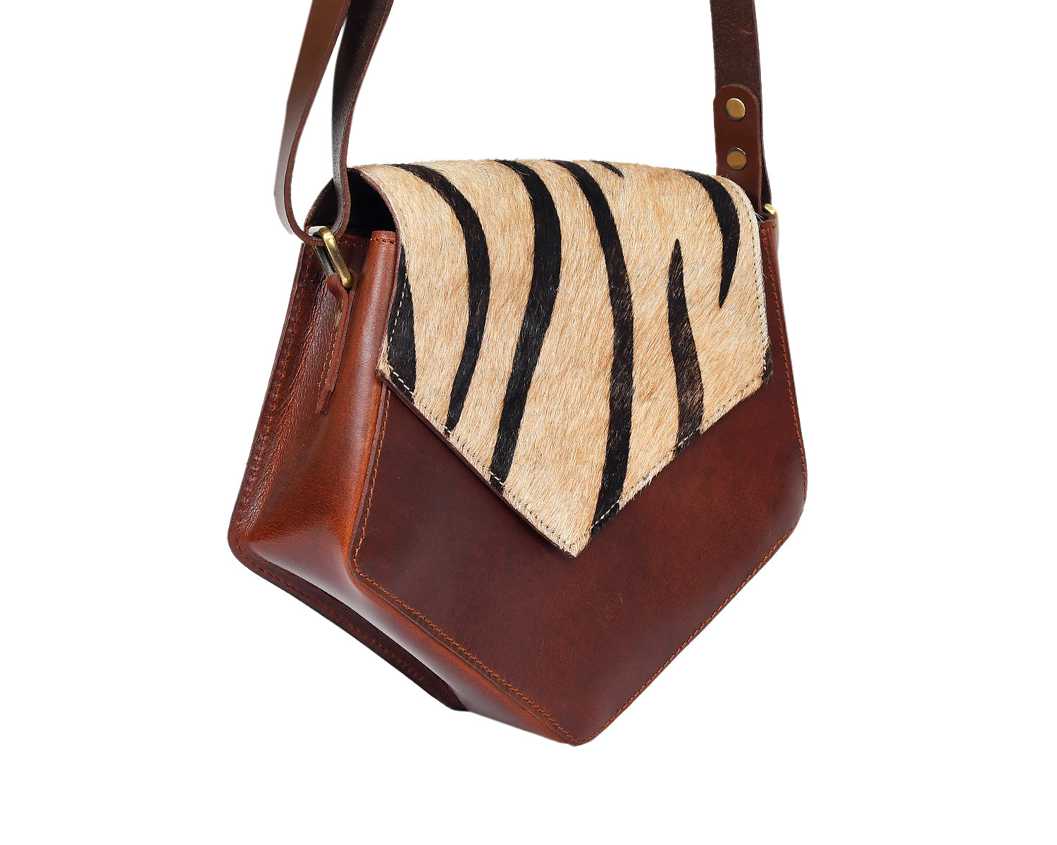 Women's Leather Sling Bag with Zebra Pattern Flap Brown Crossbody Shoulder Bag