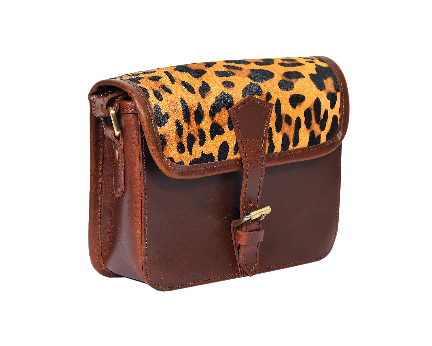 Premium Leather Crossbody Bag with Leopard Print Hairon Flap