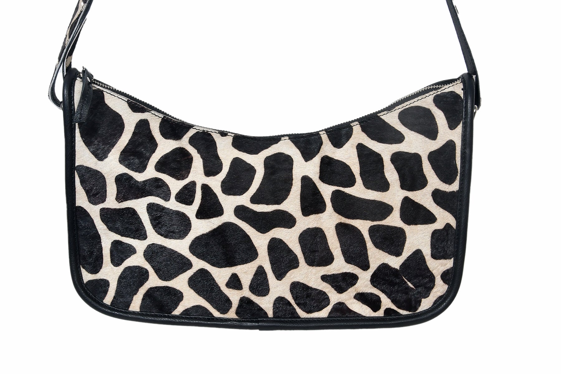 Zebra Print Hair-On Leather Baguette Shoulder Bag with Zip Closure & Inner Pocket