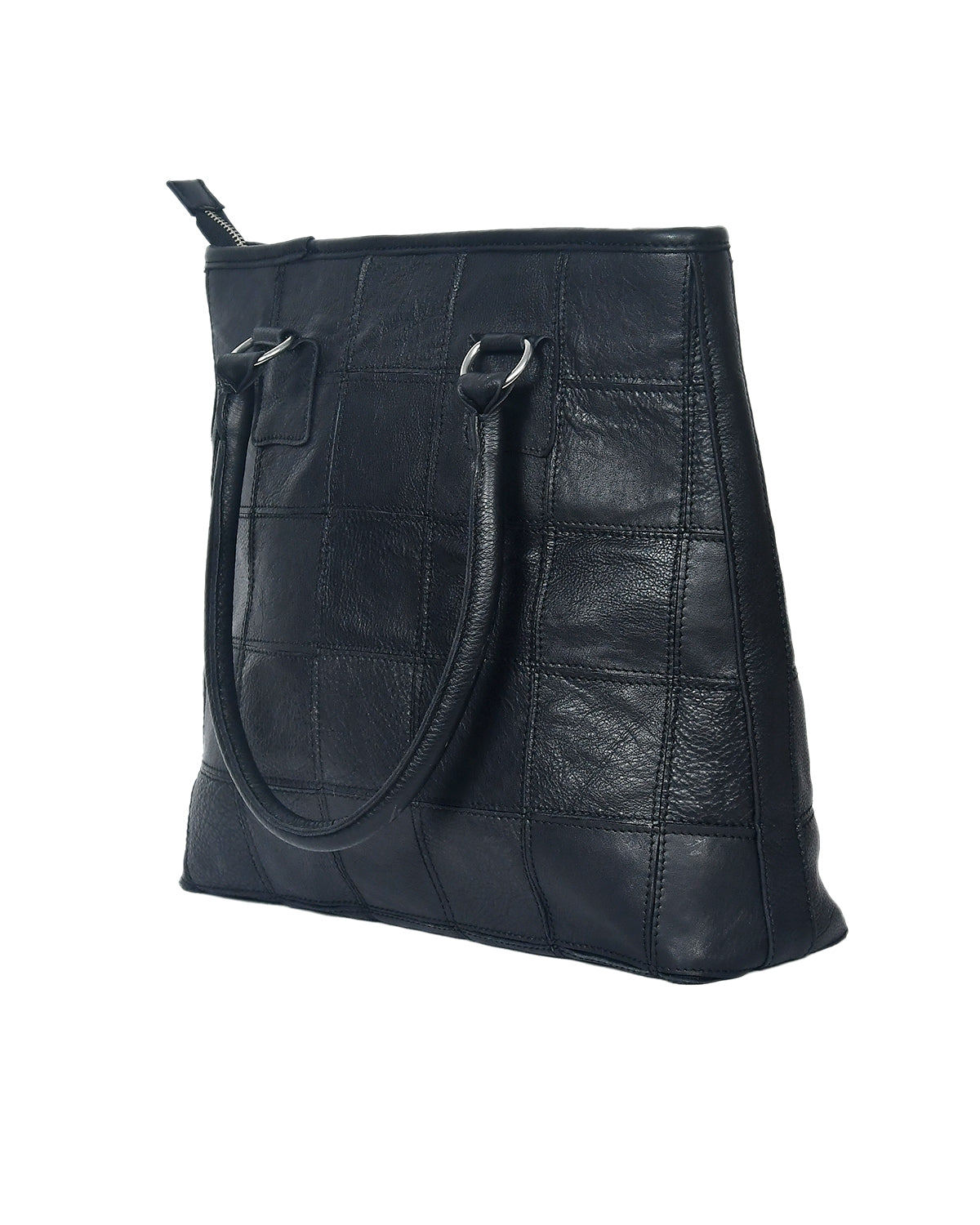 Women Black Leather Tote Bag with Patchwork Design and Spacious Interior