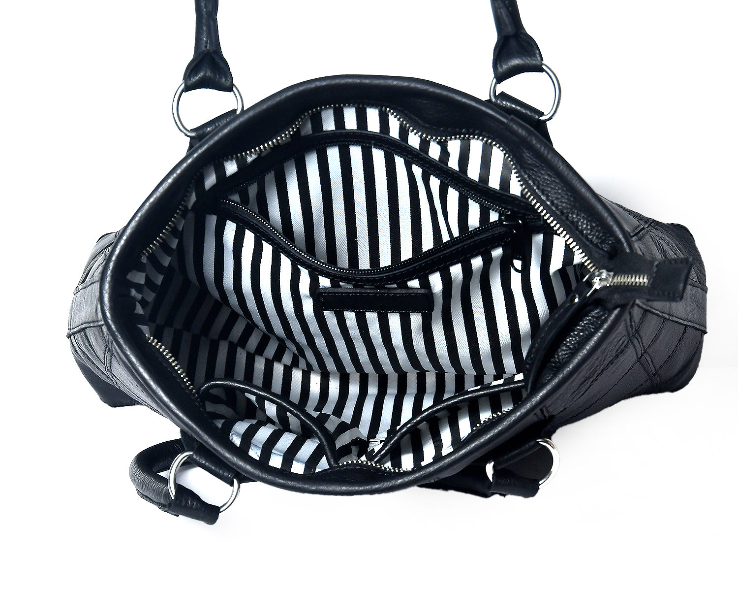 Women Black Leather Tote Bag with Patchwork Design and Spacious Interior