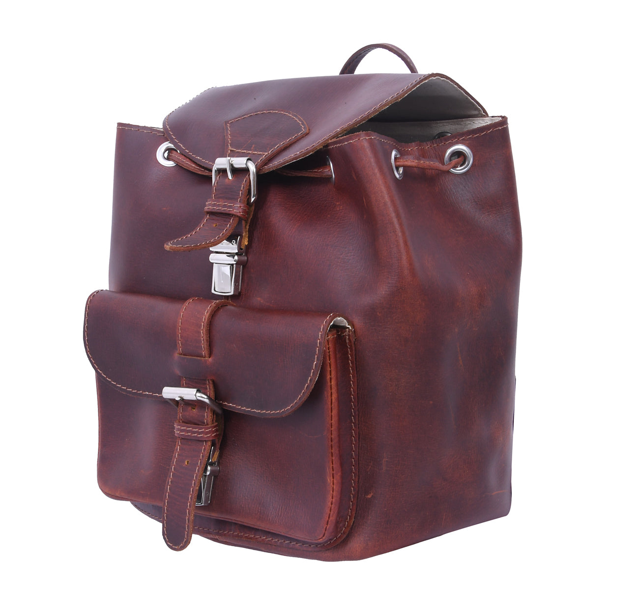 Premium Genuine Brown Leather Drawstring Backpack with Front Buckle Pocket