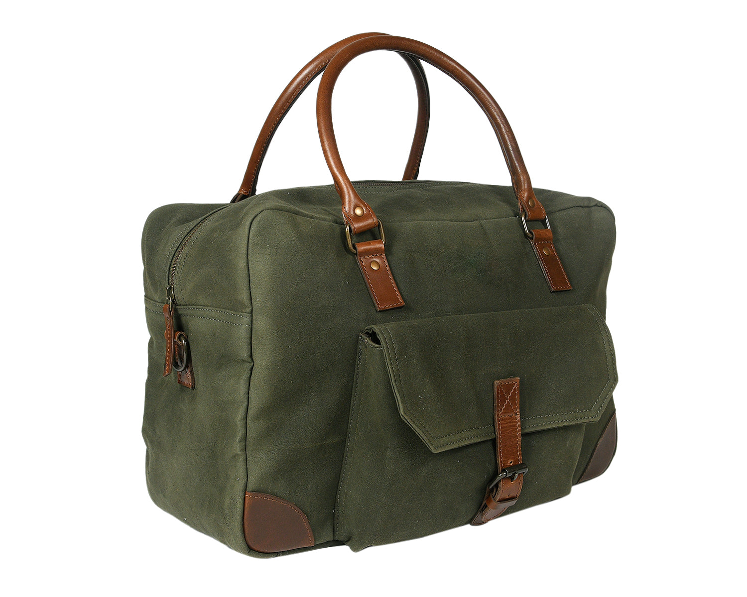 Olive Green Canvas Duffle Bag with Leather Trim Travel, Gym & Weekend Carry Bag
