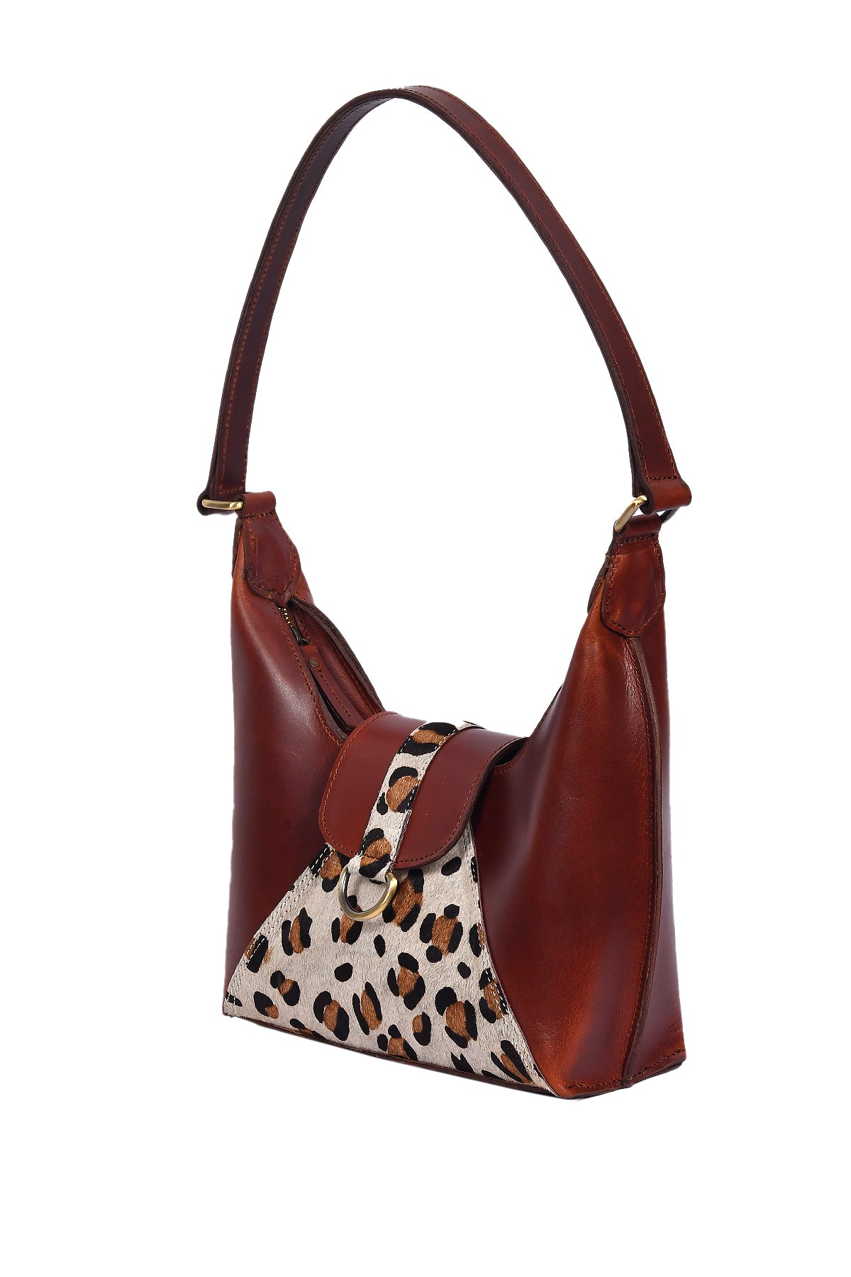 Brown Leather Shoulder Bag with Leopard-Print Hairon Panel ’Elegant & Compact Handbag