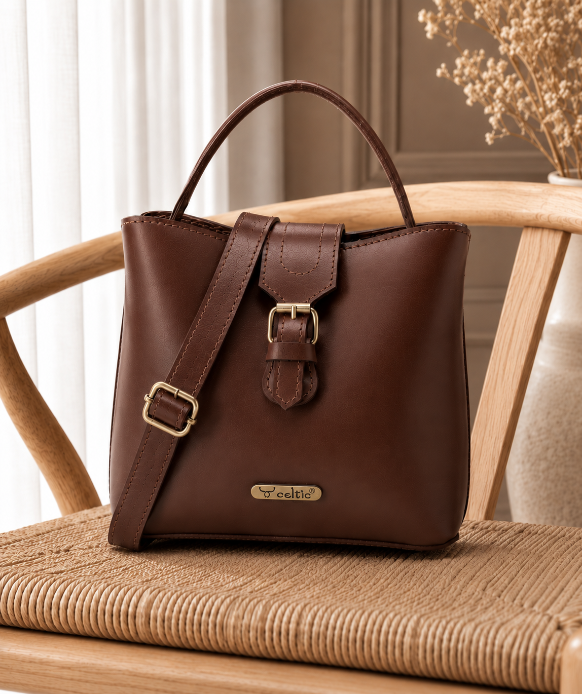 Premium Genuine Leather Structured Handbag with Top Handle & Zip Closure
