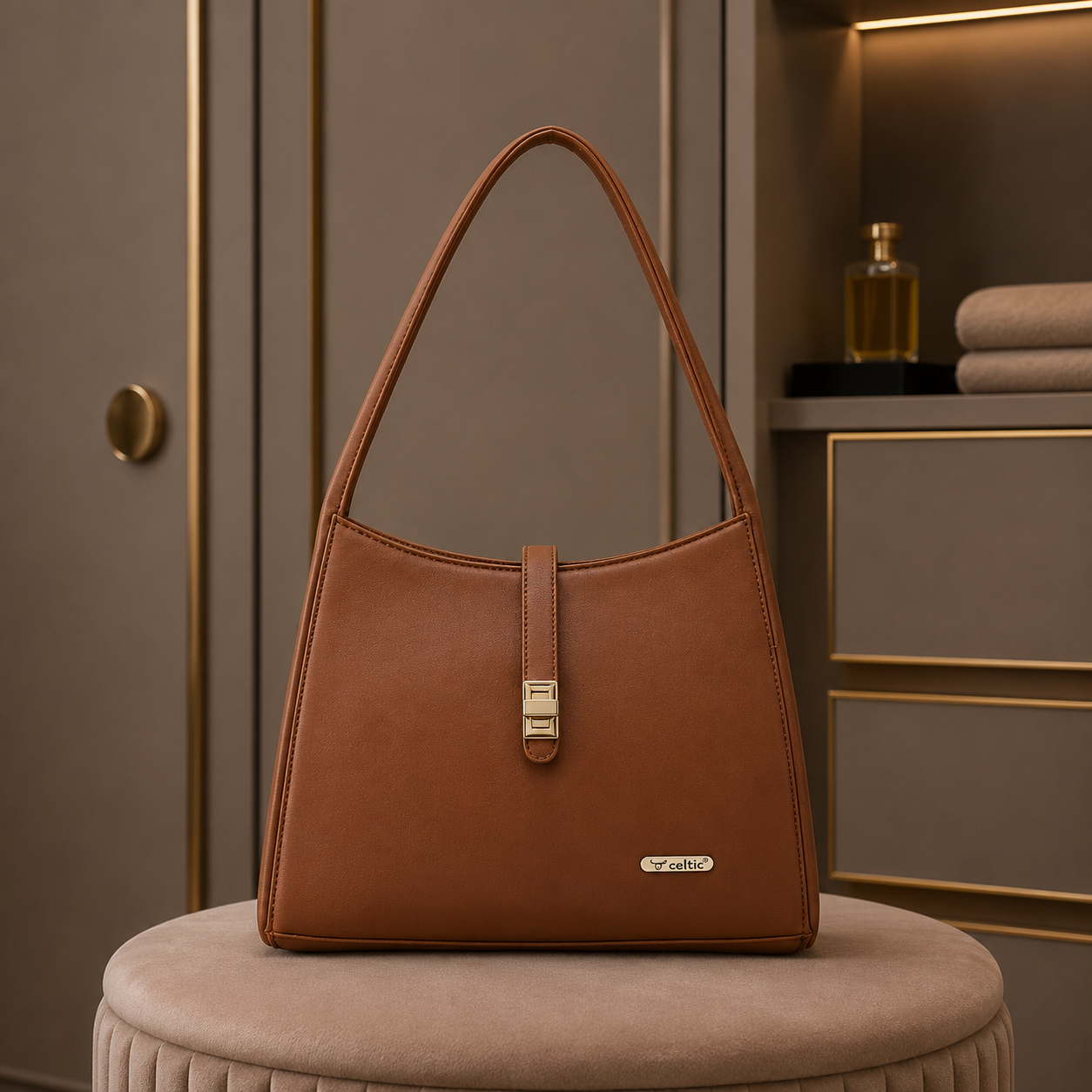 Premium Leather Shoulder Handbag with Lock Closure, Zip Compartments