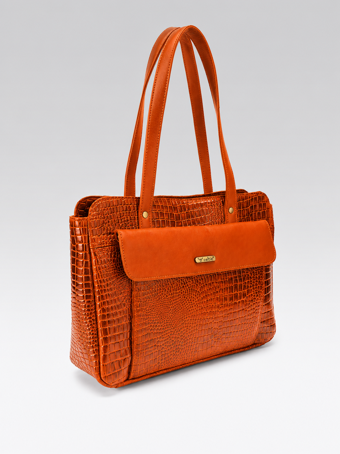 Premium Genuine Croc-Embossed Leather Tote Bag with Zip Compartments & Long Shoulder Straps