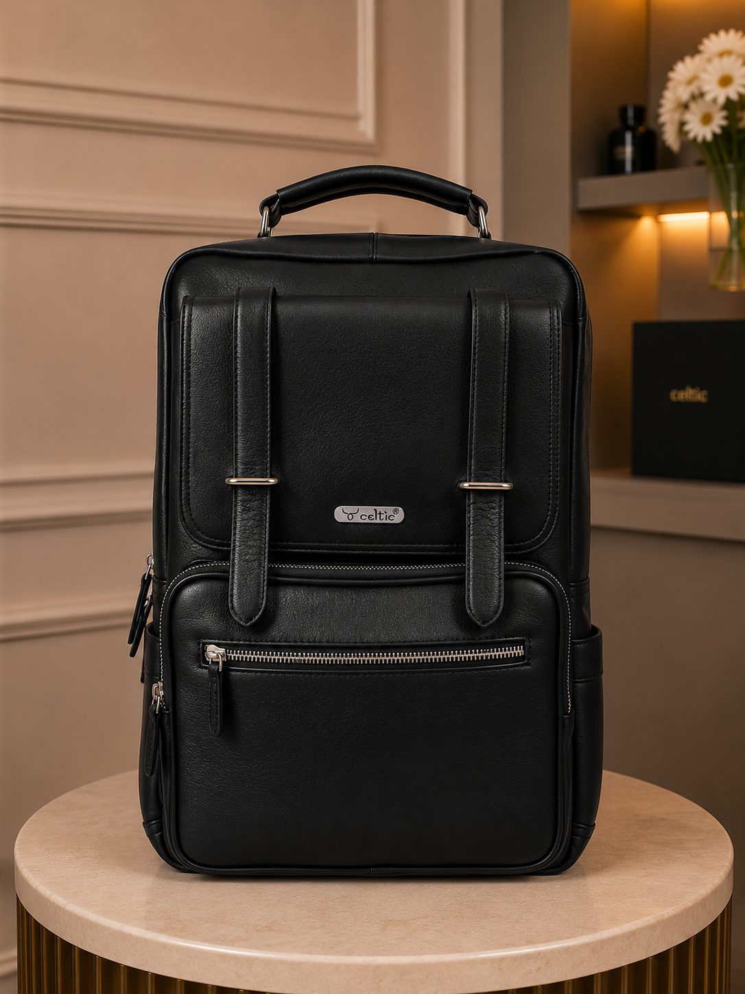 Premium Genuine Leather Laptop Backpack with Multi-Zip Compartments & Top Handle