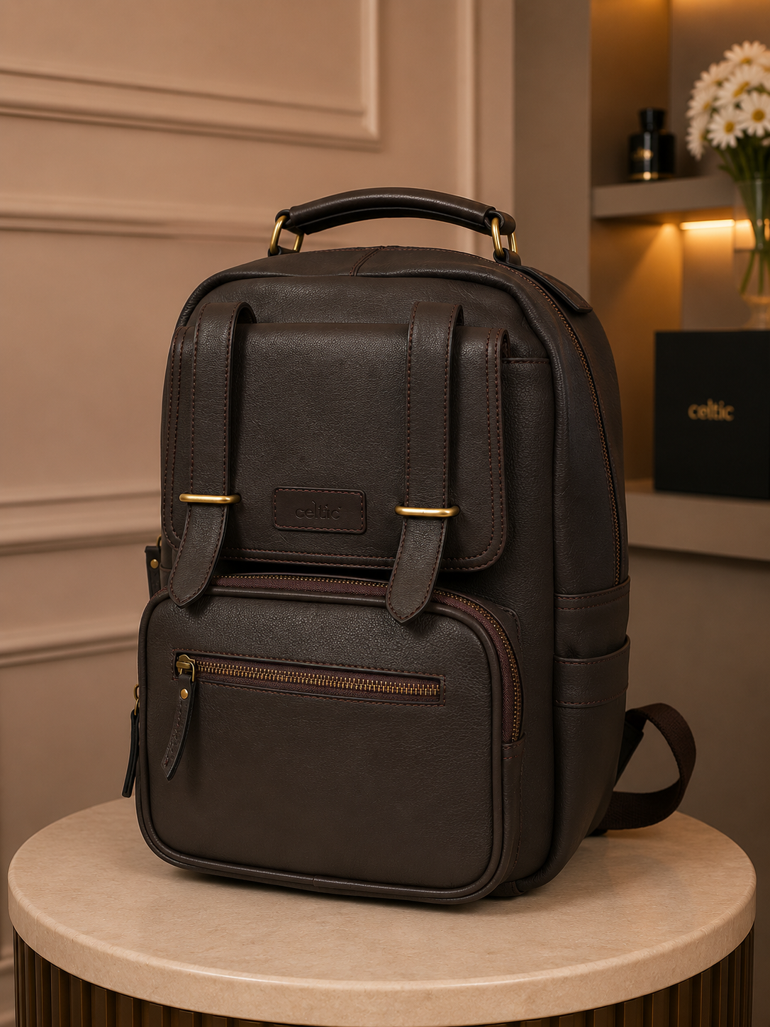Premium Genuine Leather Backpack with Laptop Compartment & Multiple Zip Pockets