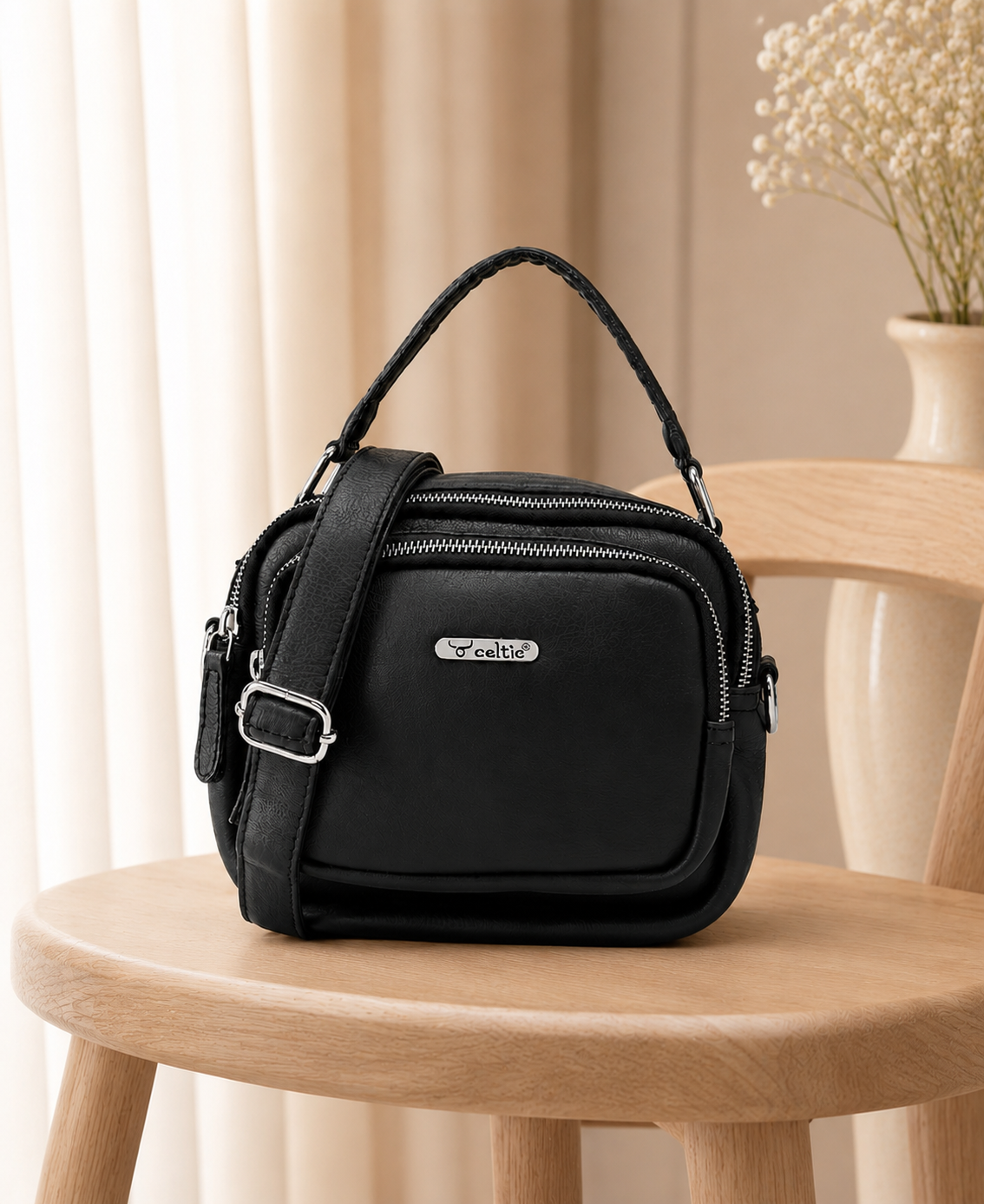 Premium Genuine Leather Crossbody Bag with Dual Zip Pockets & Strap
