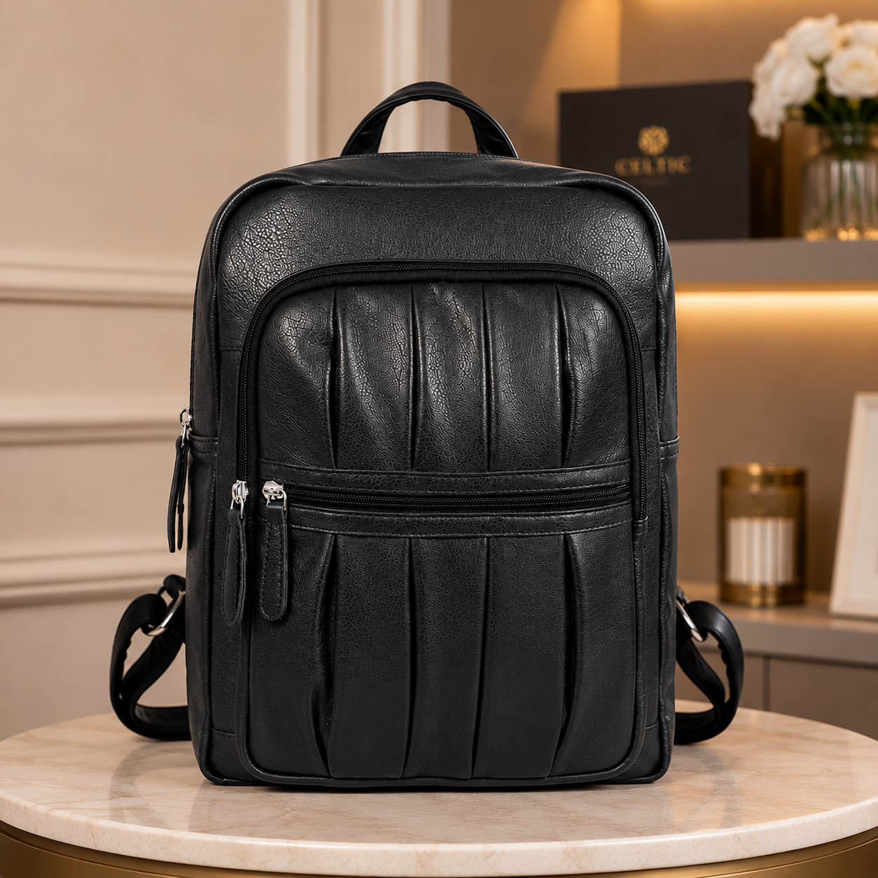 Premium Genuine Leather Multi-Zip Backpack with Padded Straps & Organizer Pockets