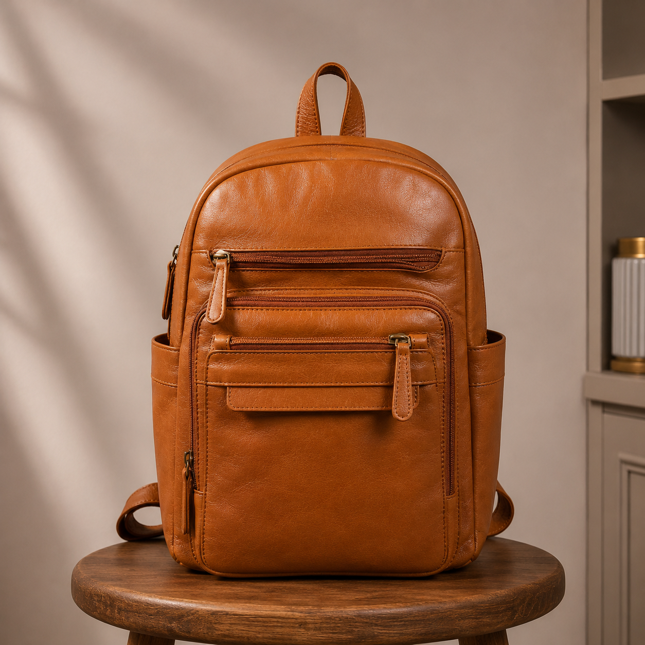 Premium Genuine Tan Leather Backpack with Multi Zip Pockets & Adjustable Straps