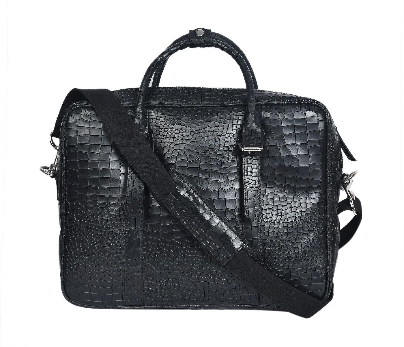 Celtic black color croco texture pure leather laptop bag for office use with holdall and shoulder strap - CELTICINDIA