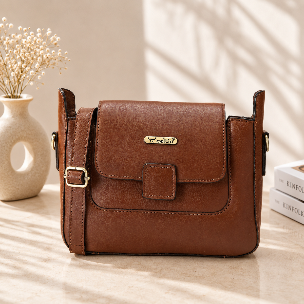 Premium Genuine Leather Flap Crossbody Sling Bag with Adjustable Strap