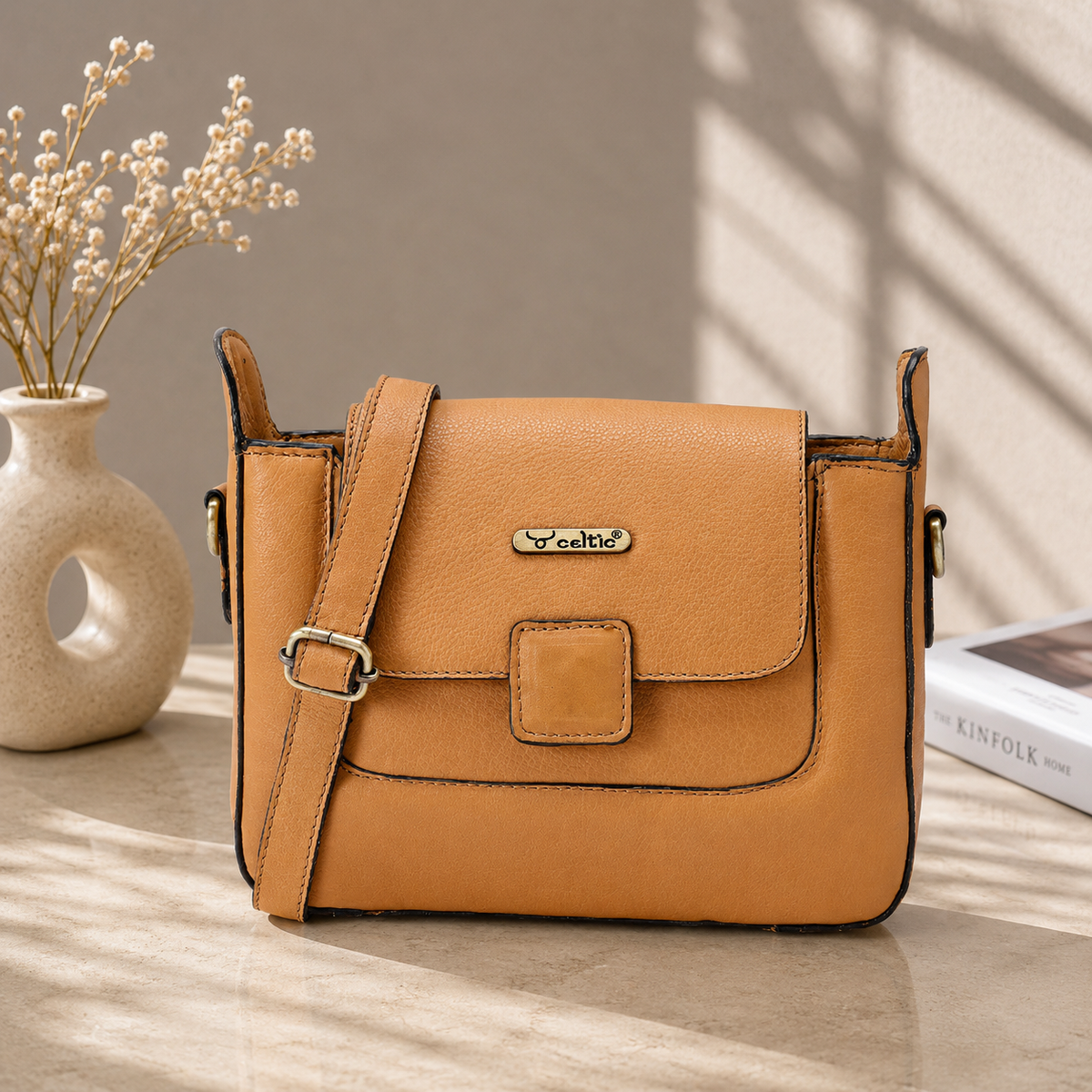 Premium Genuine Leather Flap Crossbody Sling Bag with Adjustable Strap