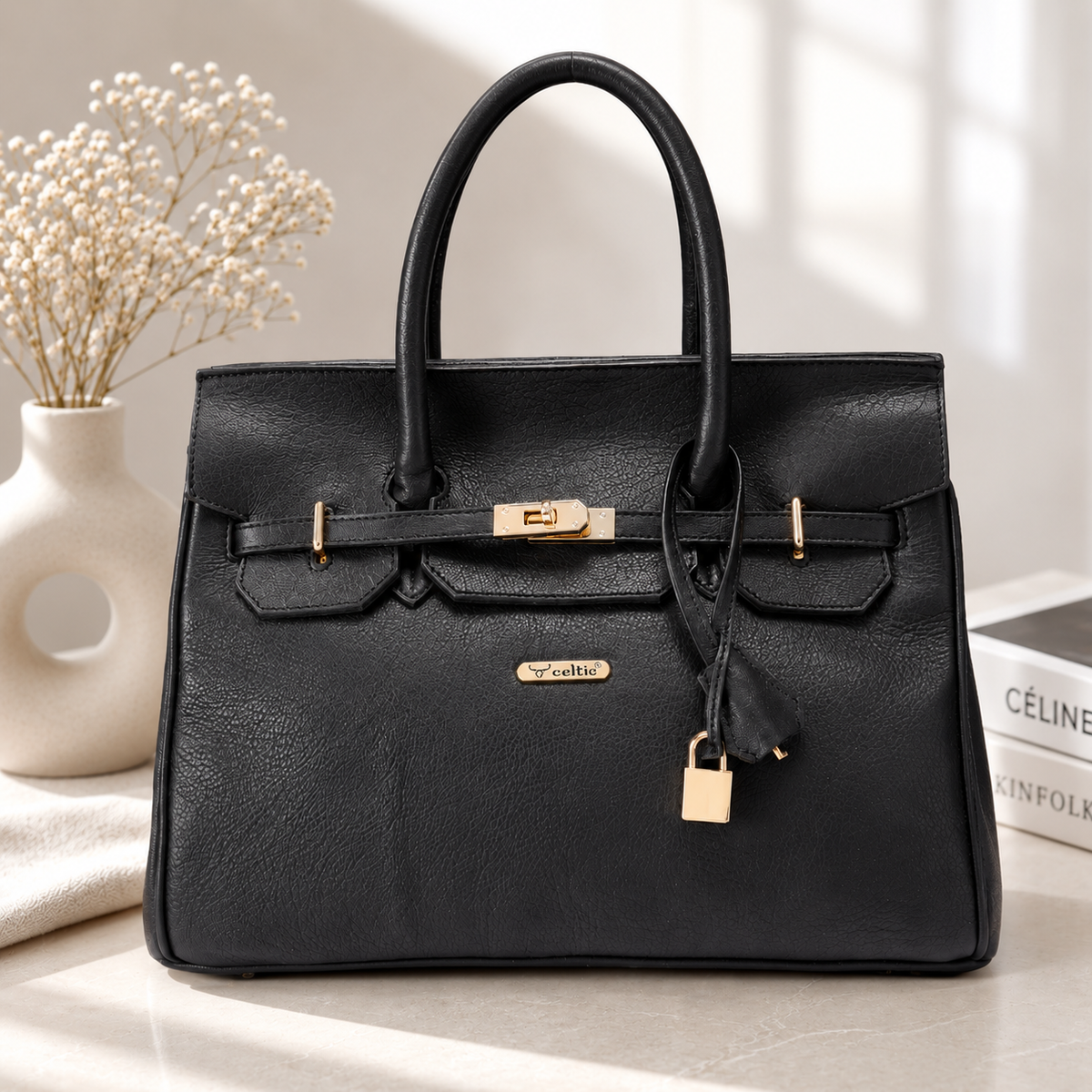 Premium Genuine Leather Tote Handbag with Turn-Lock Closure