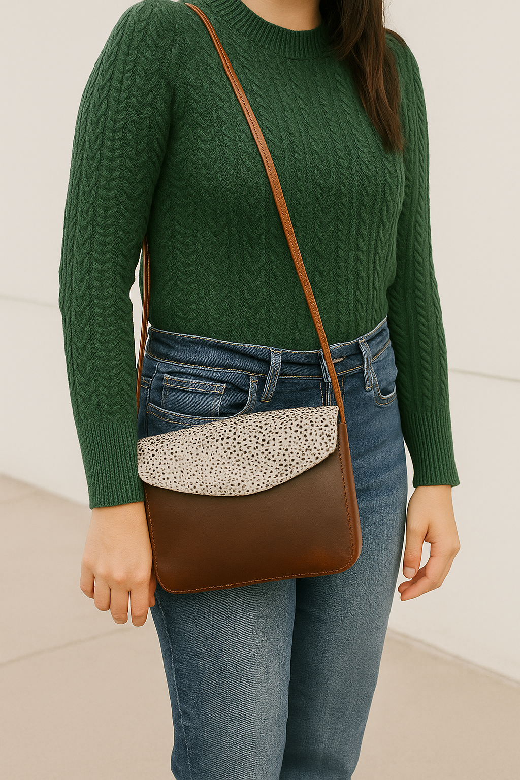 Fashion-forward Sling Bag with Printed Hair on Leather. Art: BG-1446