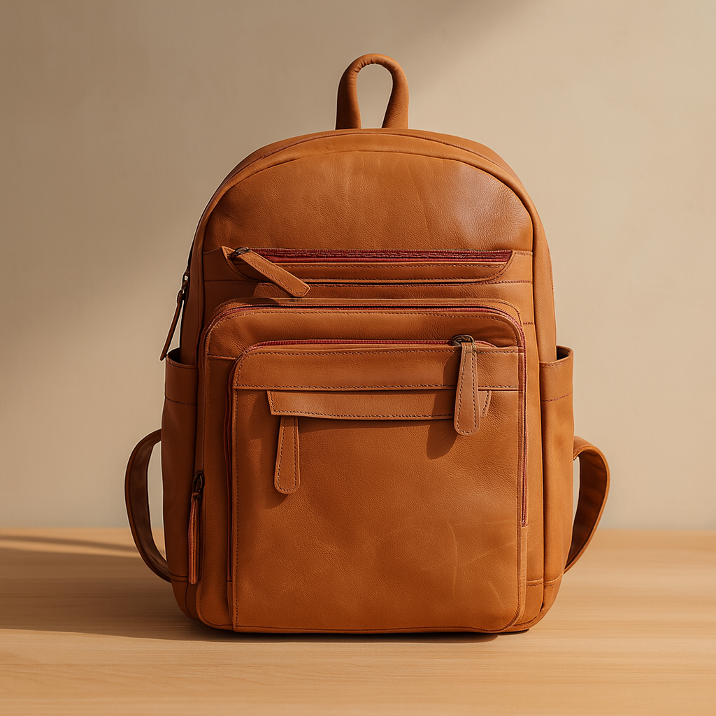 Premium Genuine Tan Leather Backpack with Multi Zip Pockets & Adjustable Straps