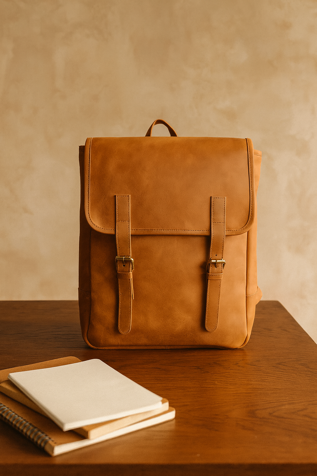 Premium Genuine Leather Backpack Brown with Flap Closure, Adjustable Straps & Inside Zip Pocket