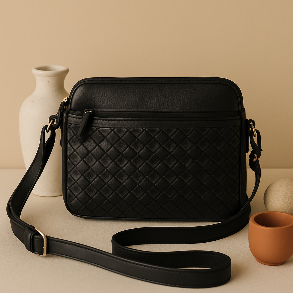 Premium Black Handwoven Leather Crossbody Bag with Adjustable Strap & Zip Compartments