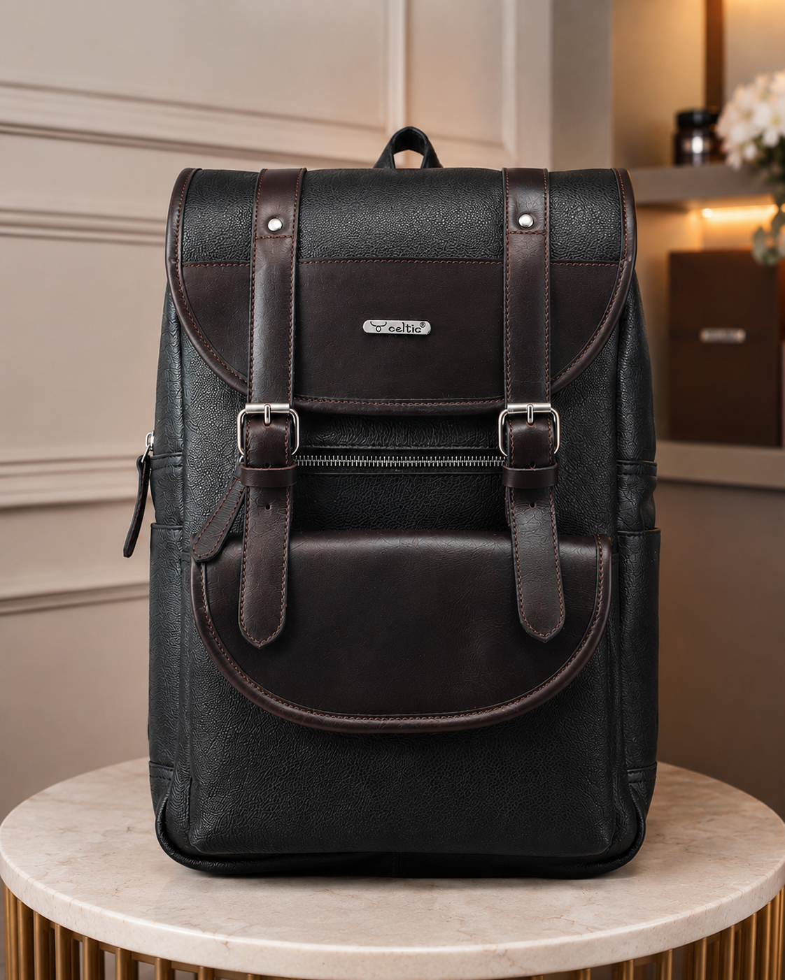 Premium Genuine Leather Laptop Backpack with Dual Buckle Design, Multiple Zip Pockets