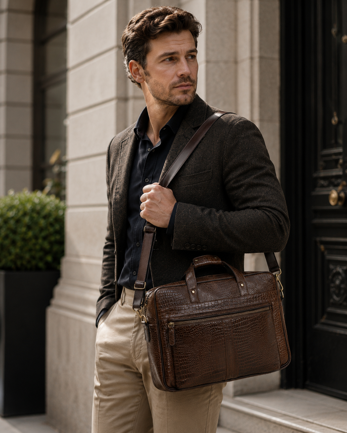 Premium Croc-Embossed Leather Office Laptop Bag with Multiple Zip Pockets & Strap