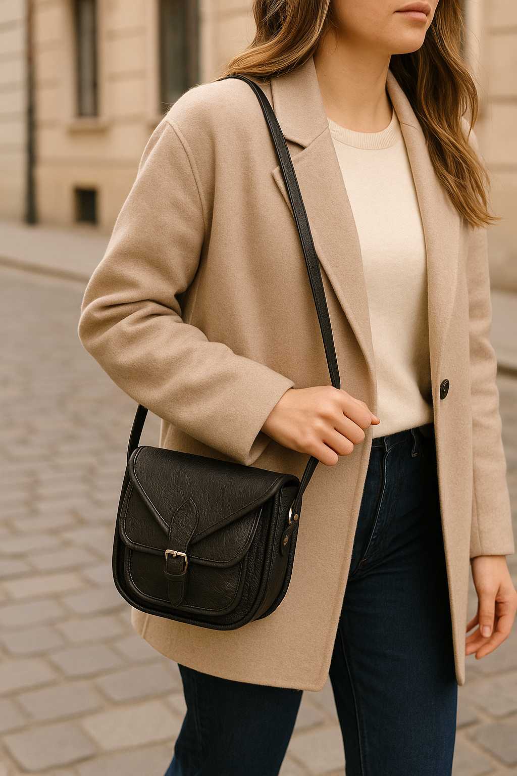 Black Wrinkle-Texture Leather Sling bag with Front Pocket & Adjustable Strap