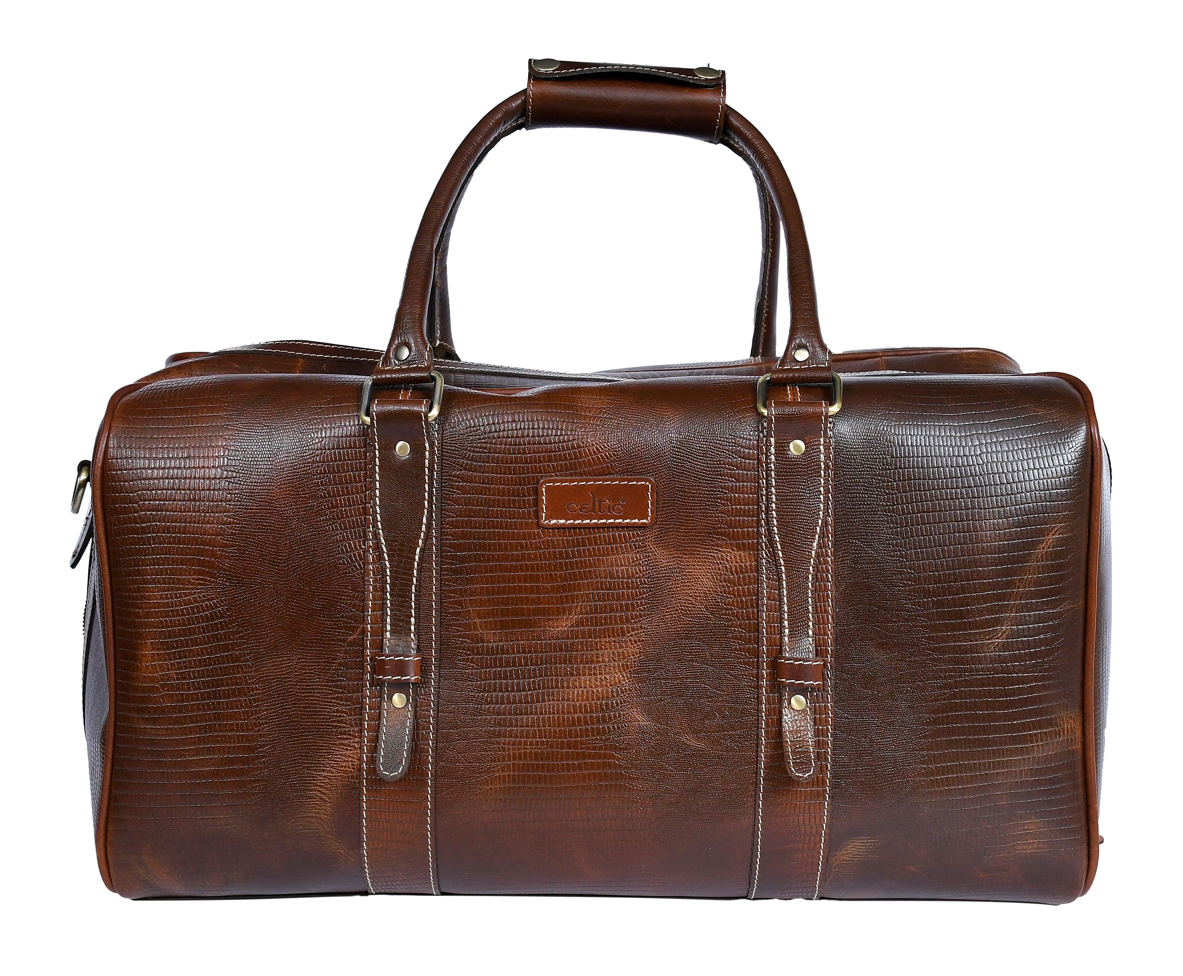 Premium Genuine Croc Texture Leather Travel Duffel with Detachable Strap & Zip Compartments
