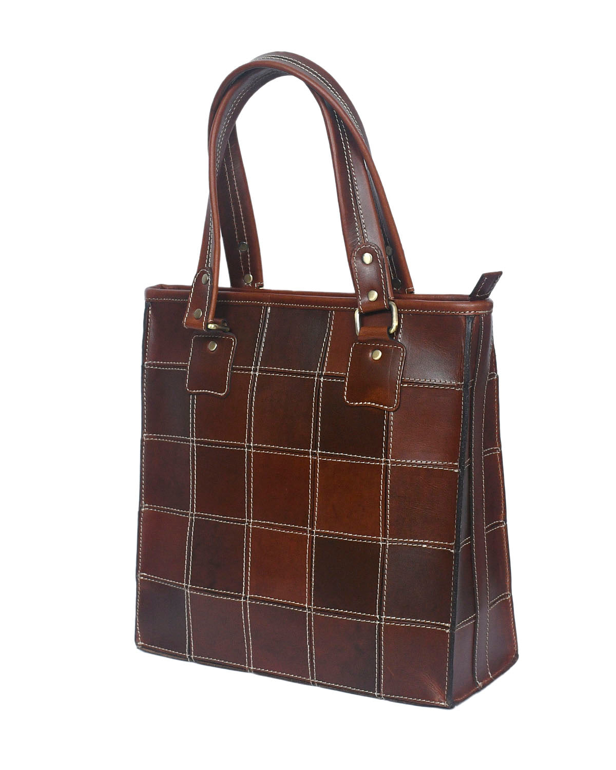 Premium Genuine Leather Brown Tote Bag with Hand-Stitched Check Panel Design