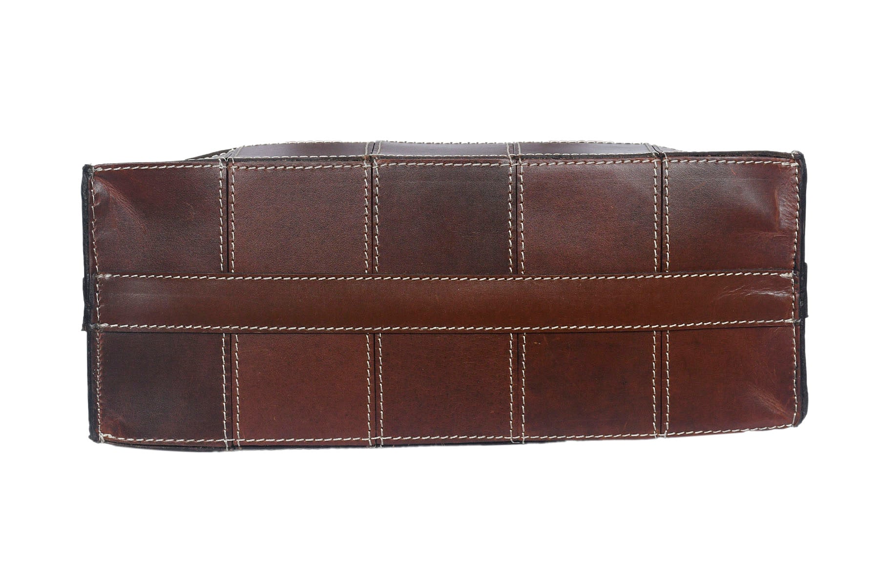 Premium Genuine Leather Brown Tote Bag with Hand-Stitched Check Panel Design