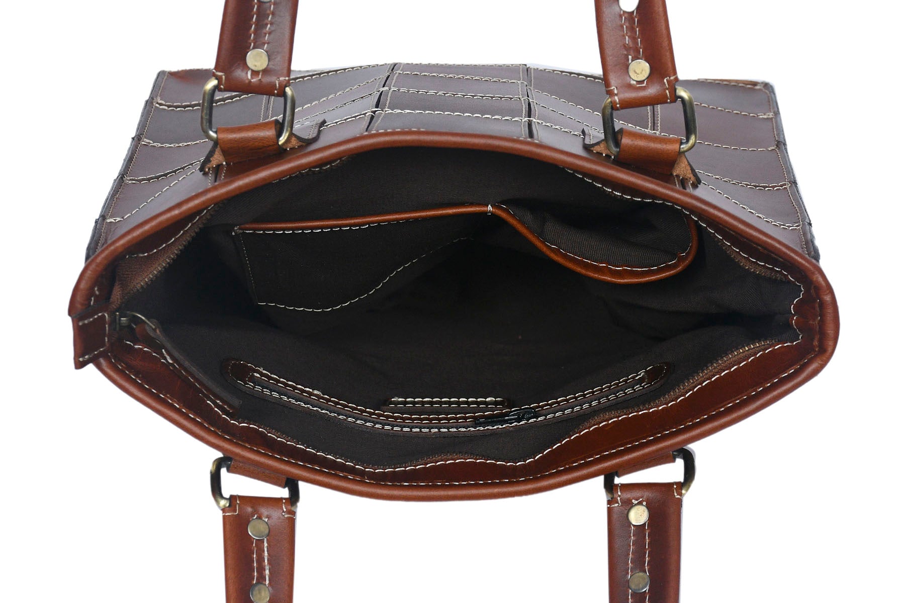 Premium Genuine Leather Brown Tote Bag with Hand-Stitched Check Panel Design