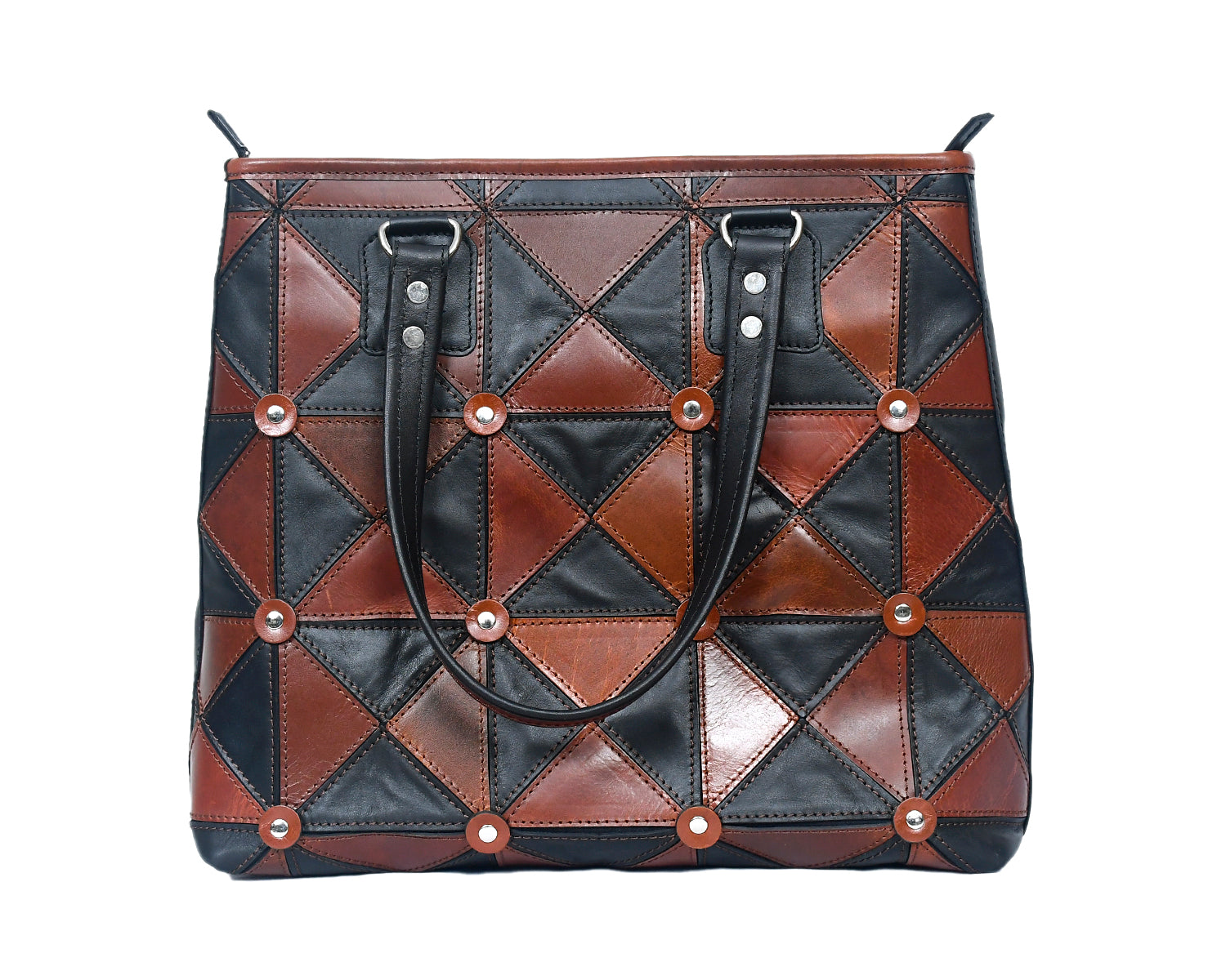 Handcrafted Patchwork Leather Tote Bag with Zip Closure & Structured Handles