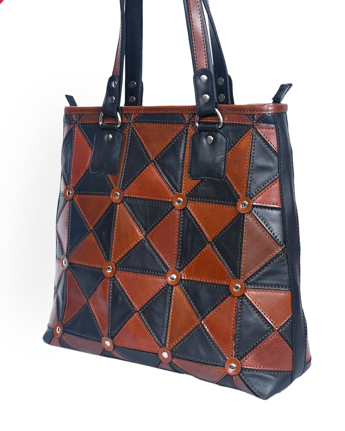 Handcrafted Patchwork Leather Tote Bag with Zip Closure & Structured Handles