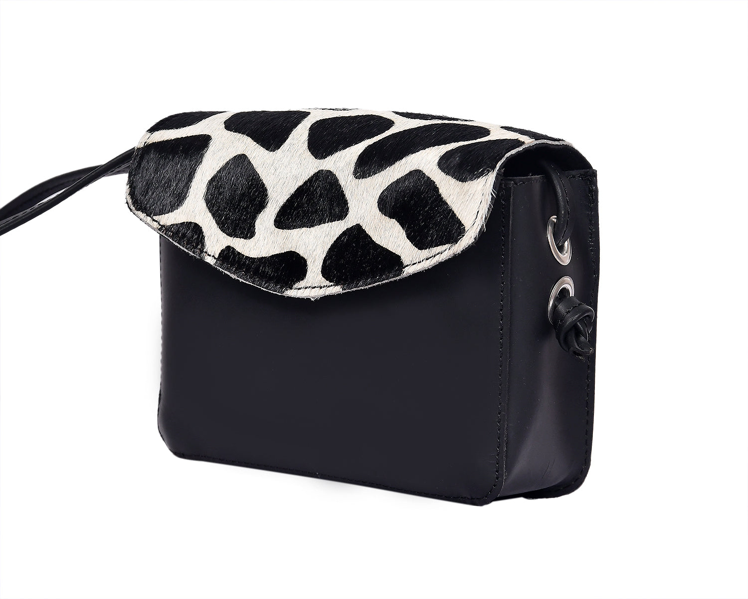 Black Genuine Leather Crossbody Bag with Animal-Print Flap for Women