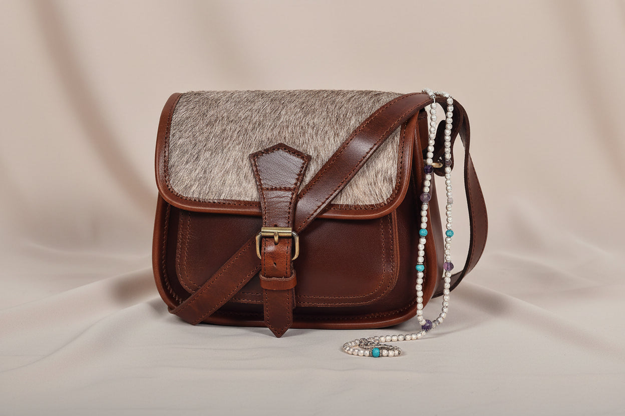 Elevate Your Style with our Grey Hair on Leather Sling Bag. - CELTICINDIA