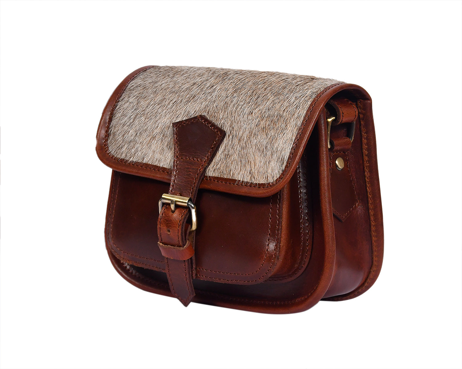 Women’s Genuine Leather Mini Crossbody Bag Natural Hair-On Flap (Brown & Grey)