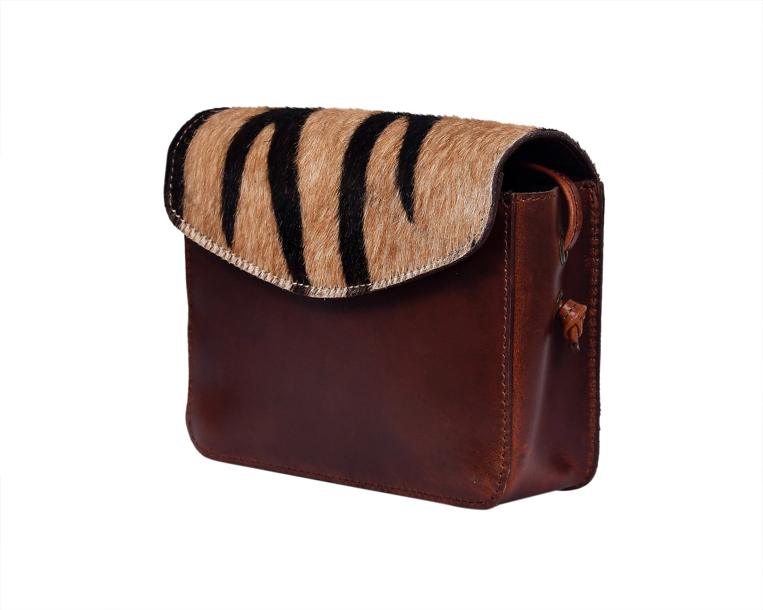 Womens Leather Crossbody Sling Bag with Tiger-Print Hairon Flap