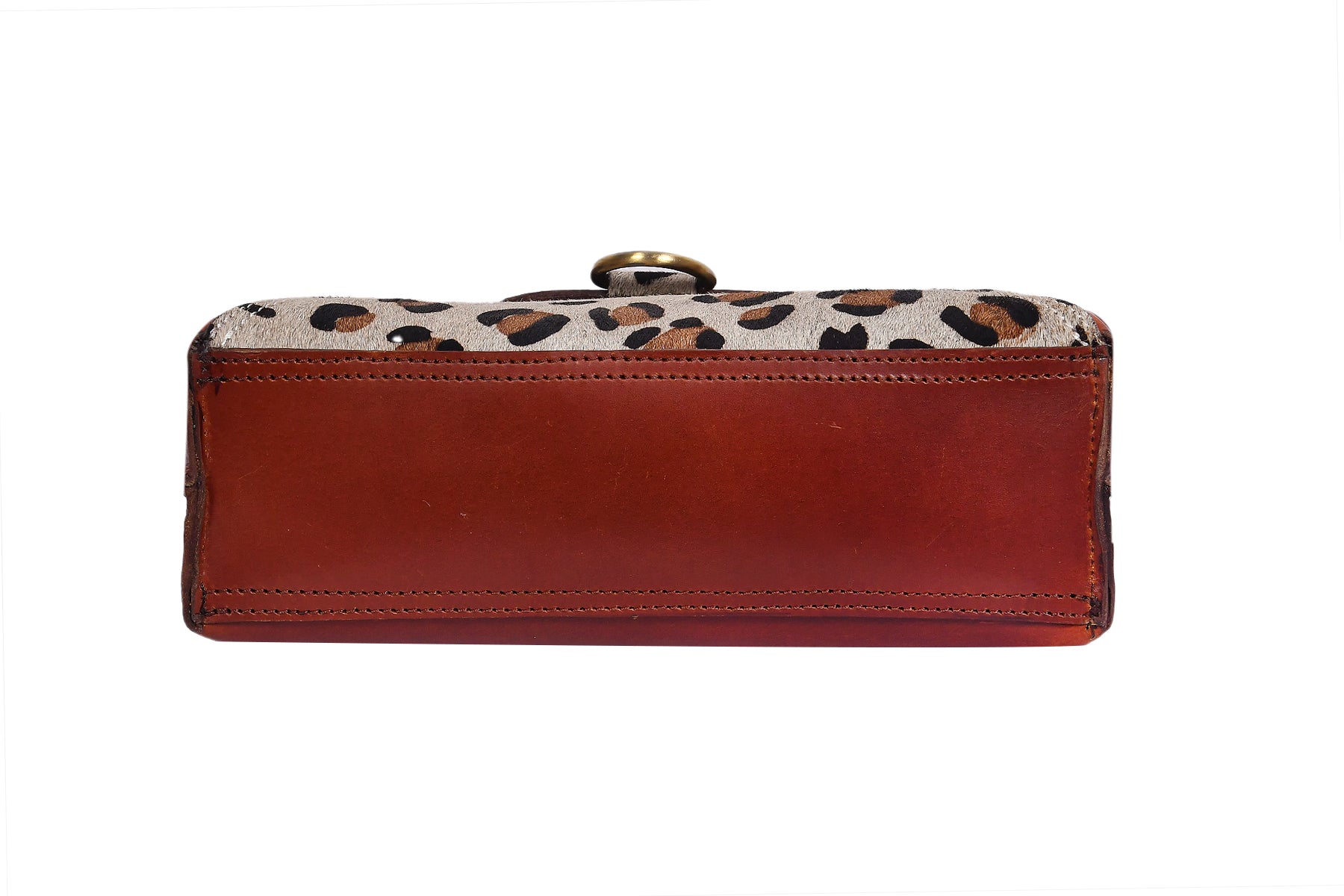 Brown Leather Shoulder Bag with Leopard-Print Hairon Panel ’Elegant & Compact Handbag