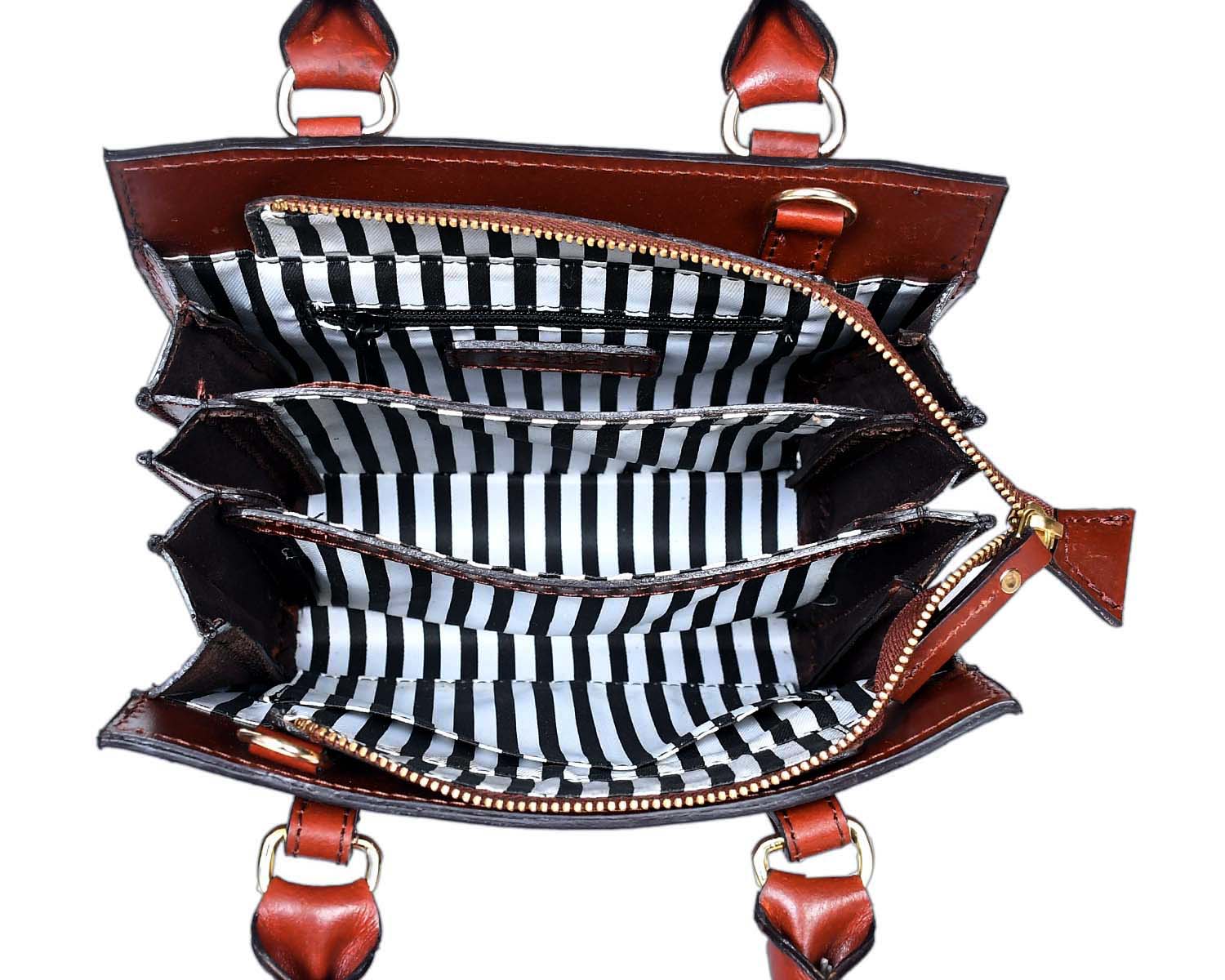 Premium Genuine Leather Structured Handbag with Multi-Compartment Zip Closure